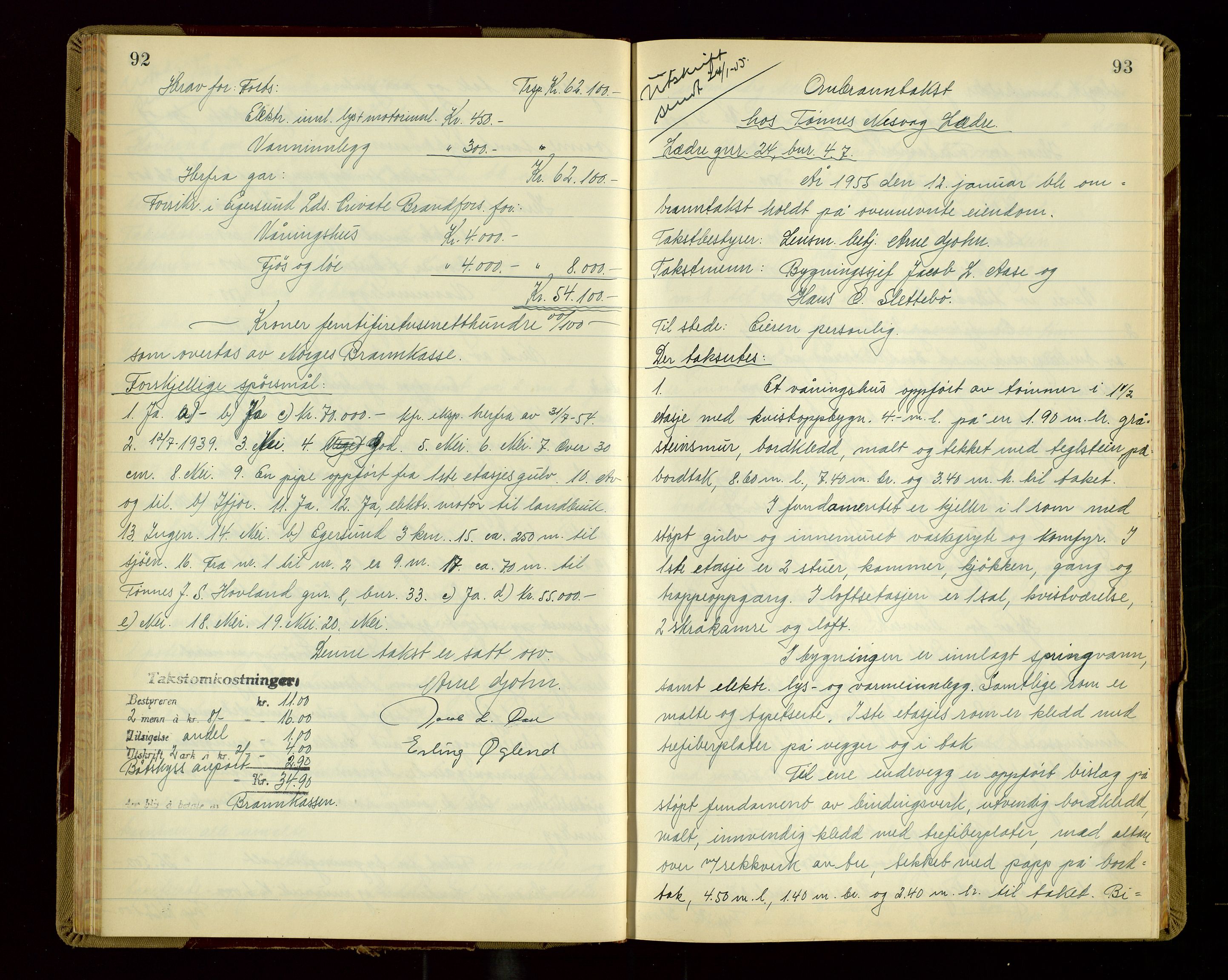 Eigersund lensmannskontor, AV/SAST-A-100171/Goa/L0013: "Branntakstprotokoll", 1954-1955, s. 92-93