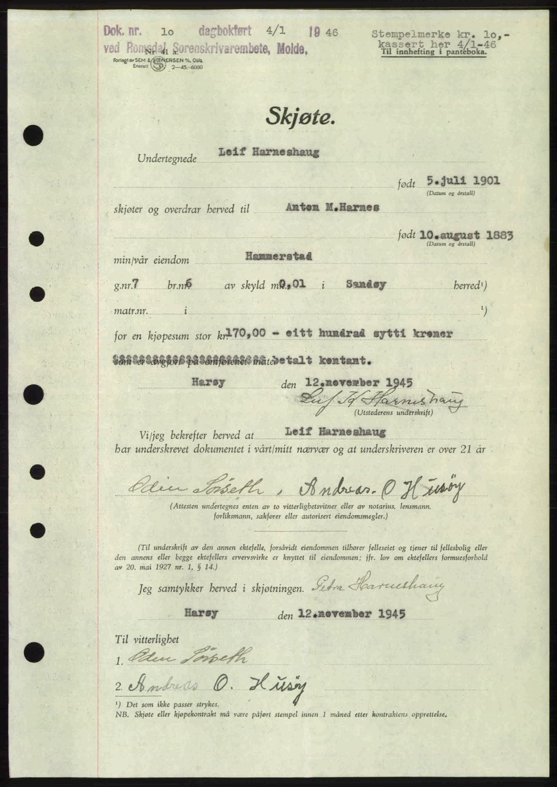 Romsdal sorenskriveri, SAT/A-4149/1/2/2C: Pantebok nr. A19, 1946-1946, Dagboknr: 10/1946