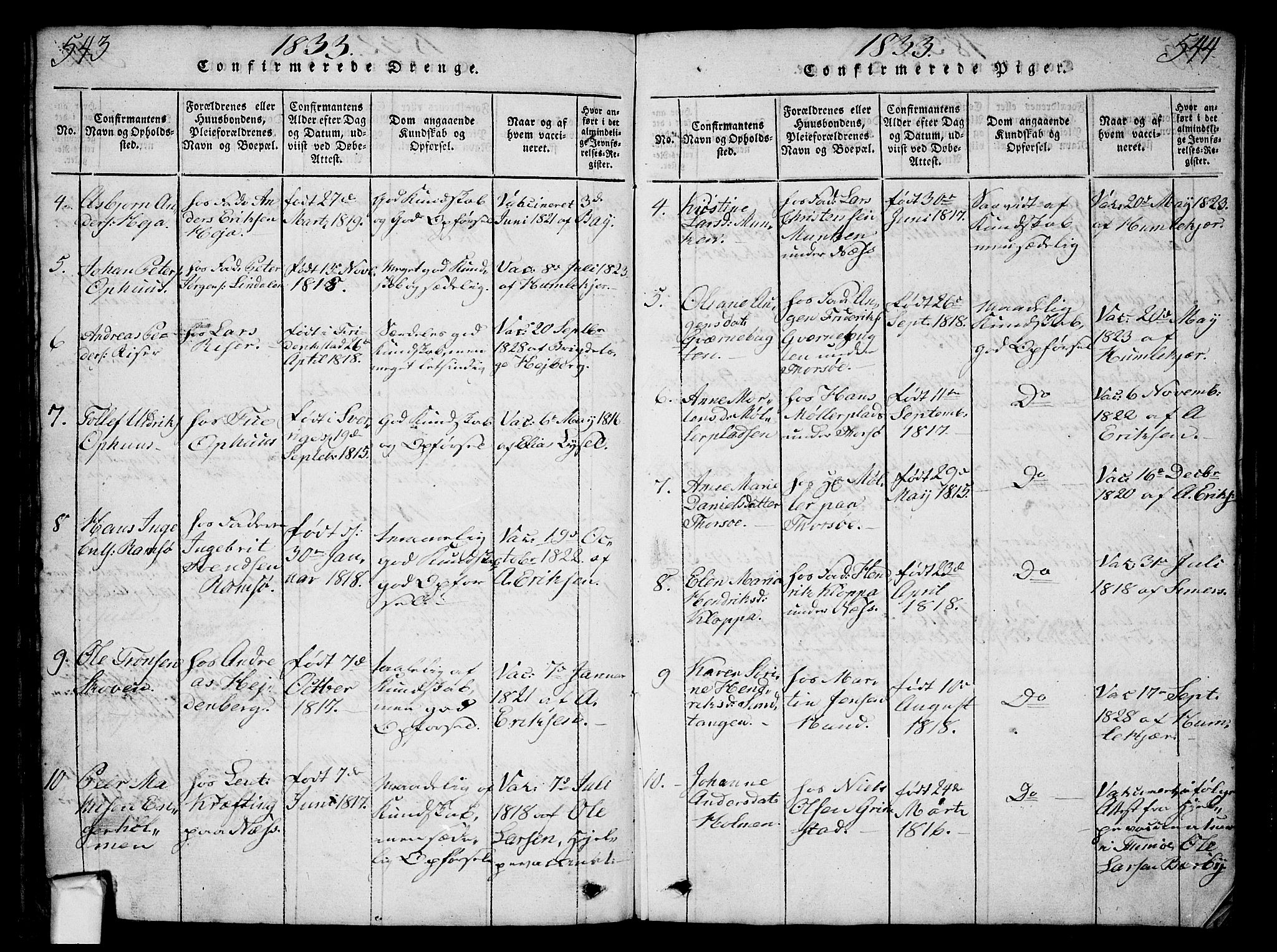 Borge prestekontor Kirkebøker, AV/SAO-A-10903/G/Ga/L0001: Klokkerbok nr.  I 1, 1815-1835, s. 543-544
