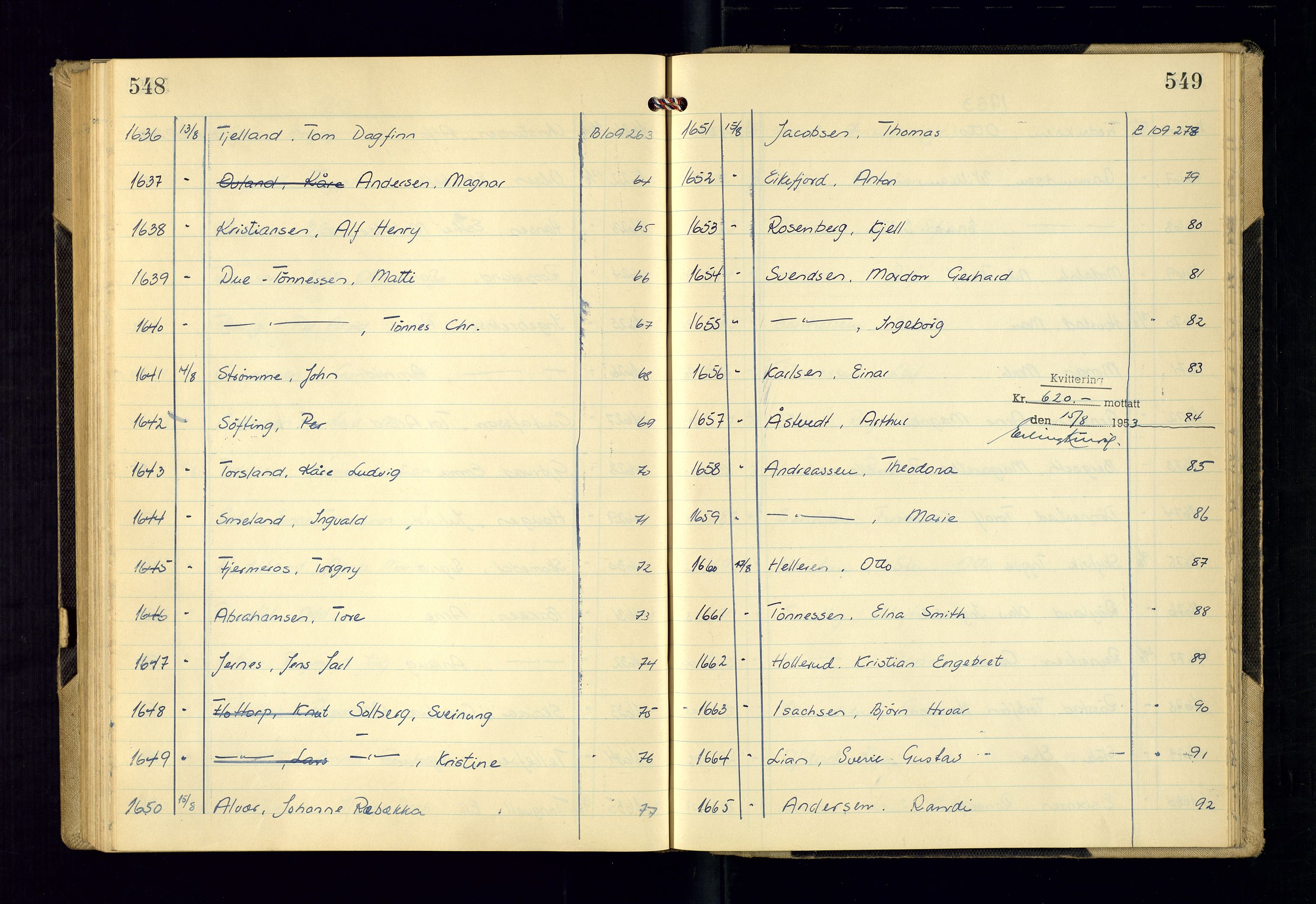 Kristiansand politikammer - 2, AV/SAK-1243-0009/K/Ka/Kaa/L0612: Passprotokoll, liste med løpenumre, 1951-1954, s. 548-549