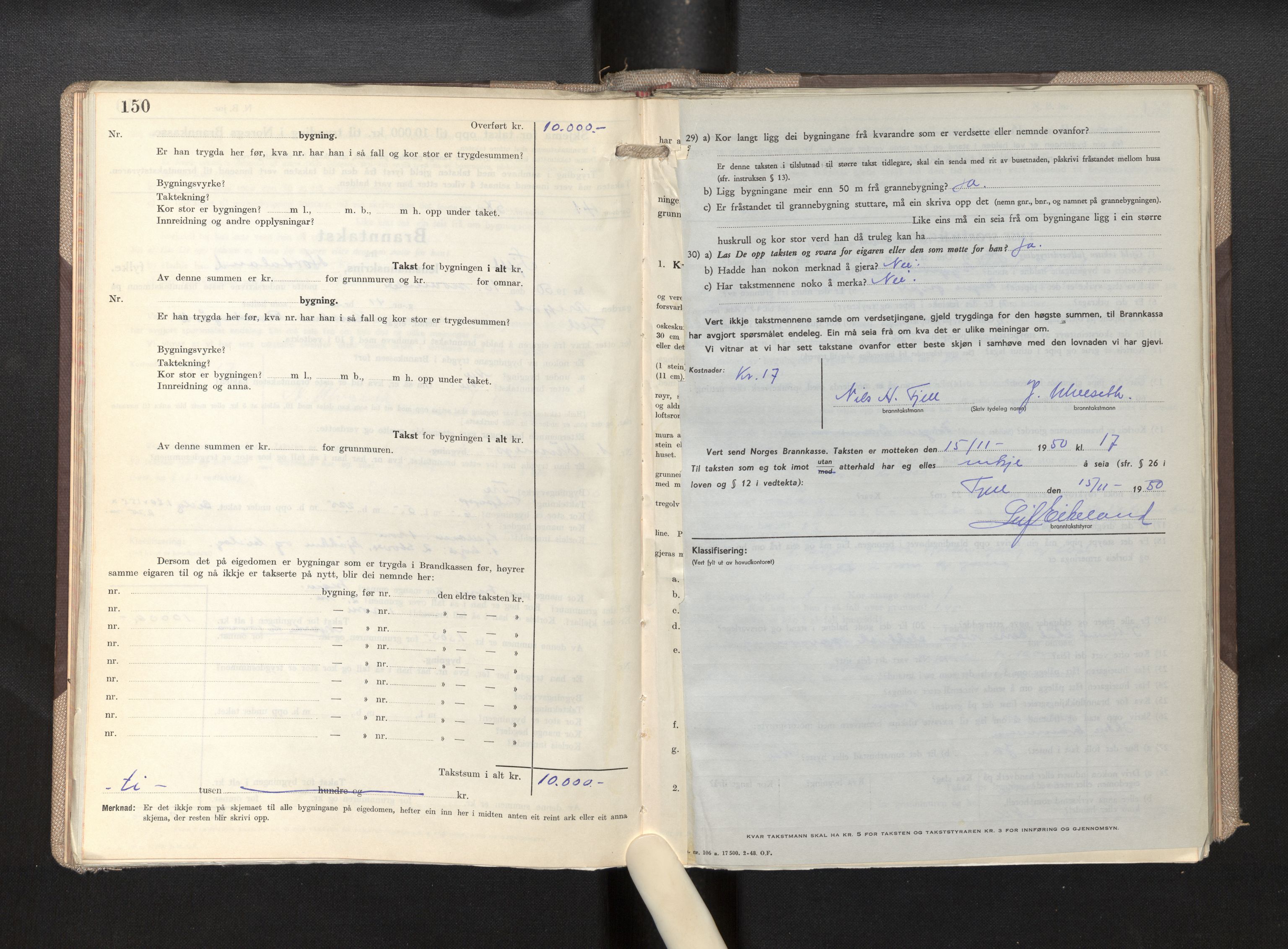 Lensmannen i Fjell, SAB/A-32301/0012/L0007: Branntakstprotokoll, skjematakst, 1946-1955, s. 150-151