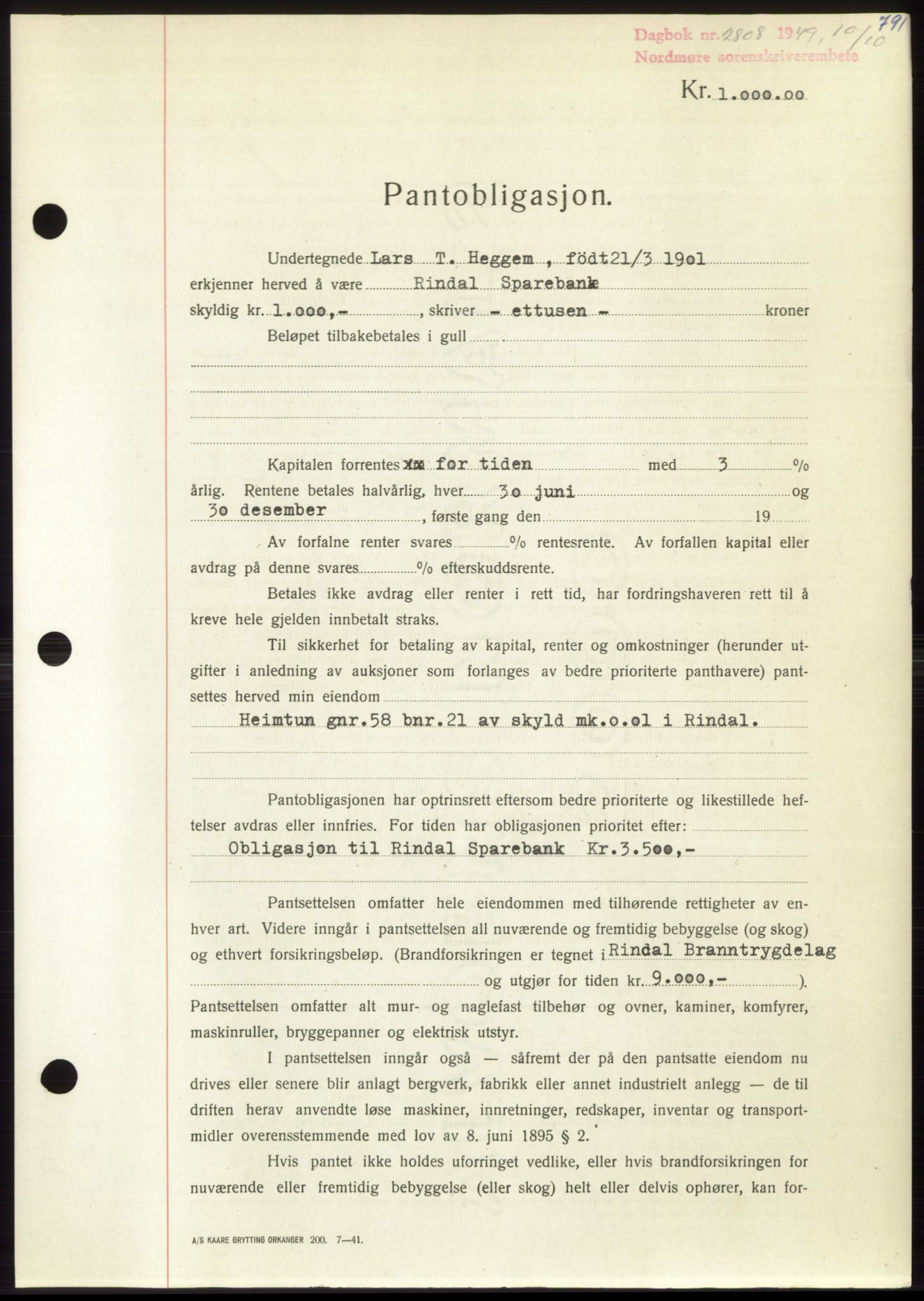 Nordmøre sorenskriveri, SAT/A-4132/1/2/2Ca: Pantebok nr. B102, 1949-1949, Dagboknr: 2808/1949