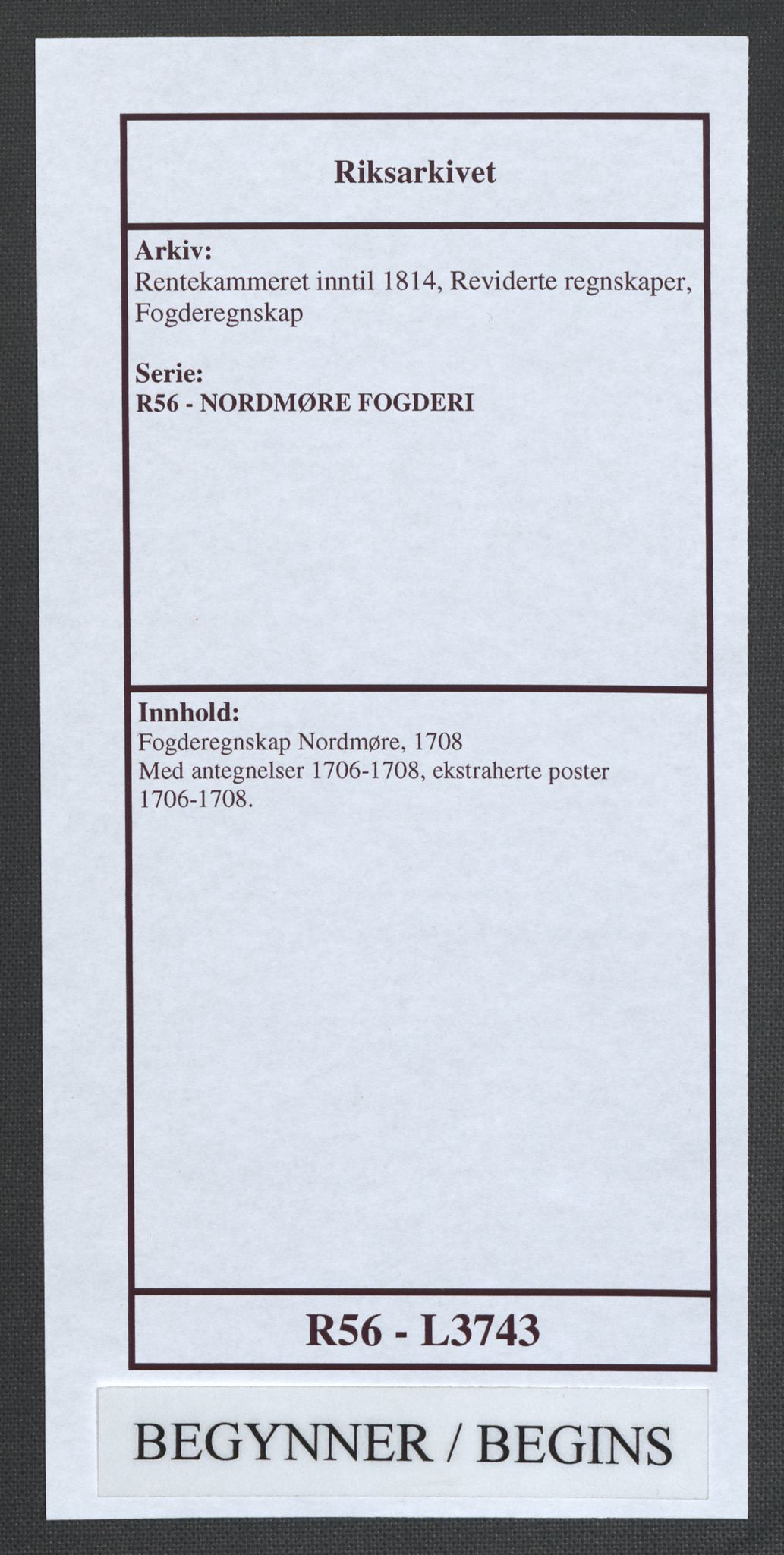 Rentekammeret inntil 1814, Reviderte regnskaper, Fogderegnskap, AV/RA-EA-4092/R56/L3743: Fogderegnskap Nordmøre, 1708, s. 1