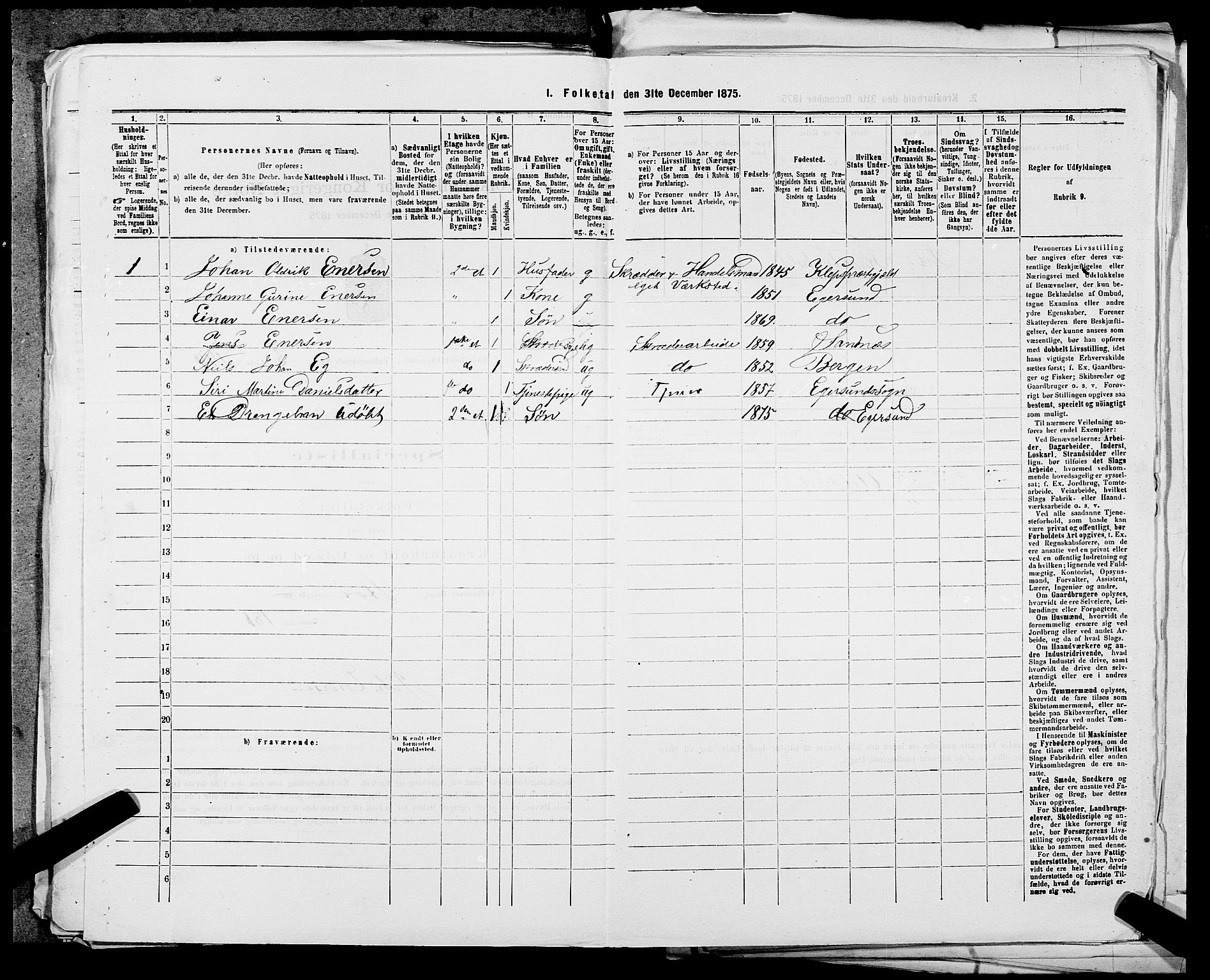 SAST, Folketelling 1875 for 1101B Eigersund prestegjeld, Egersund ladested, 1875, s. 305