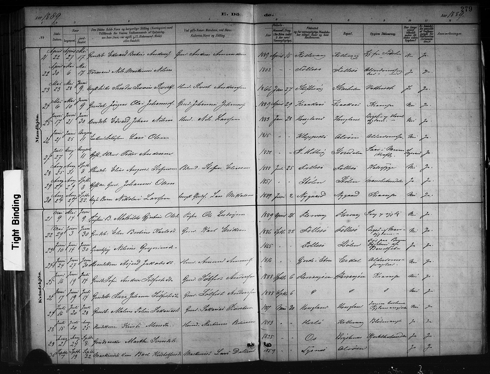 Askøy Sokneprestembete, AV/SAB-A-74101/H/Ha/Hab/Haba/L0008: Klokkerbok nr. A 8, 1882-1893, s. 279