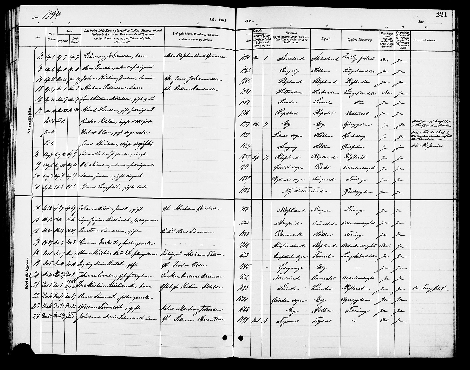 Søgne sokneprestkontor, AV/SAK-1111-0037/F/Fb/Fbb/L0006: Klokkerbok nr. B 6, 1892-1911, s. 221