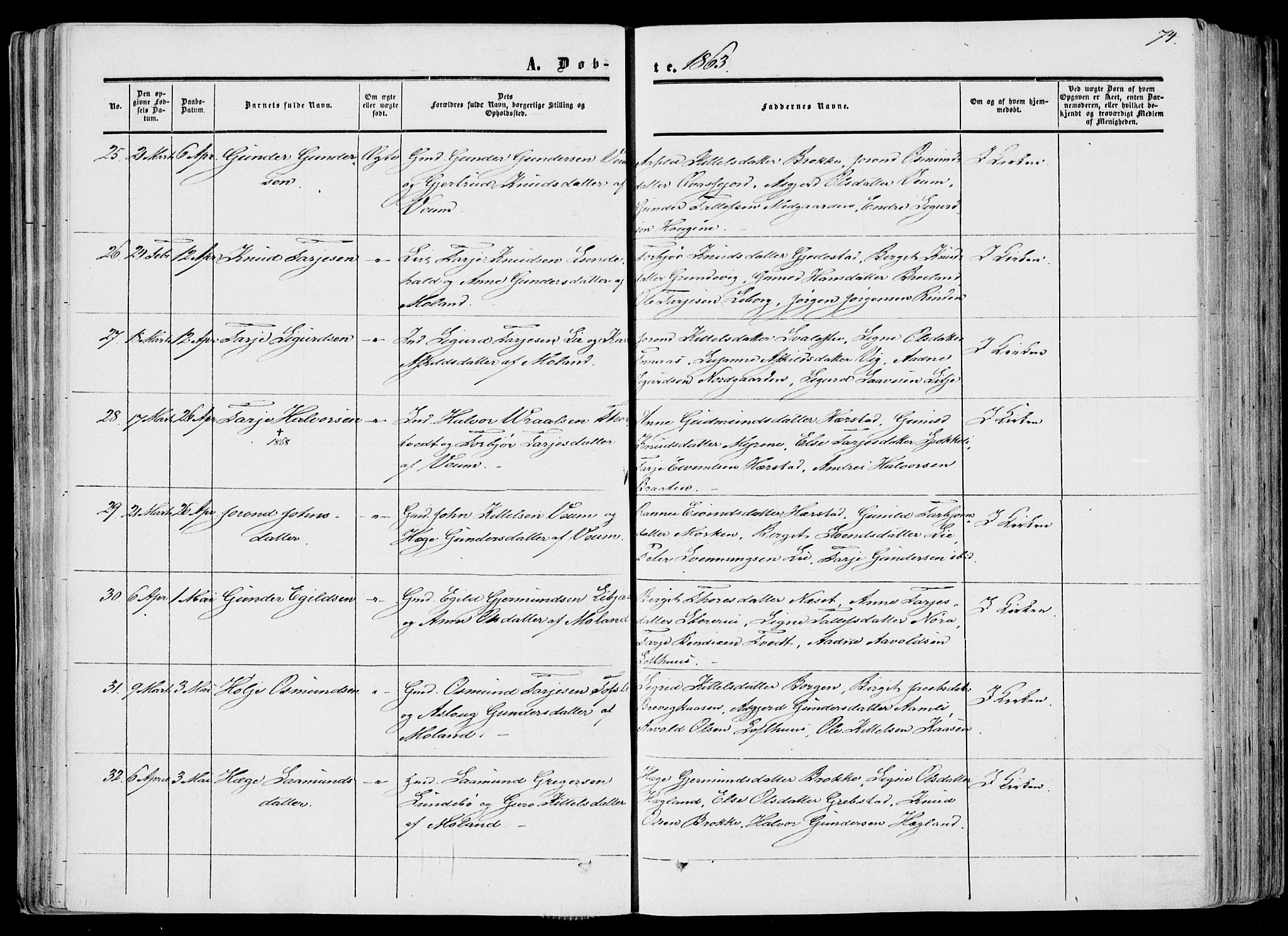 Fyresdal kirkebøker, AV/SAKO-A-263/F/Fa/L0005: Ministerialbok nr. I 5, 1855-1871, s. 74