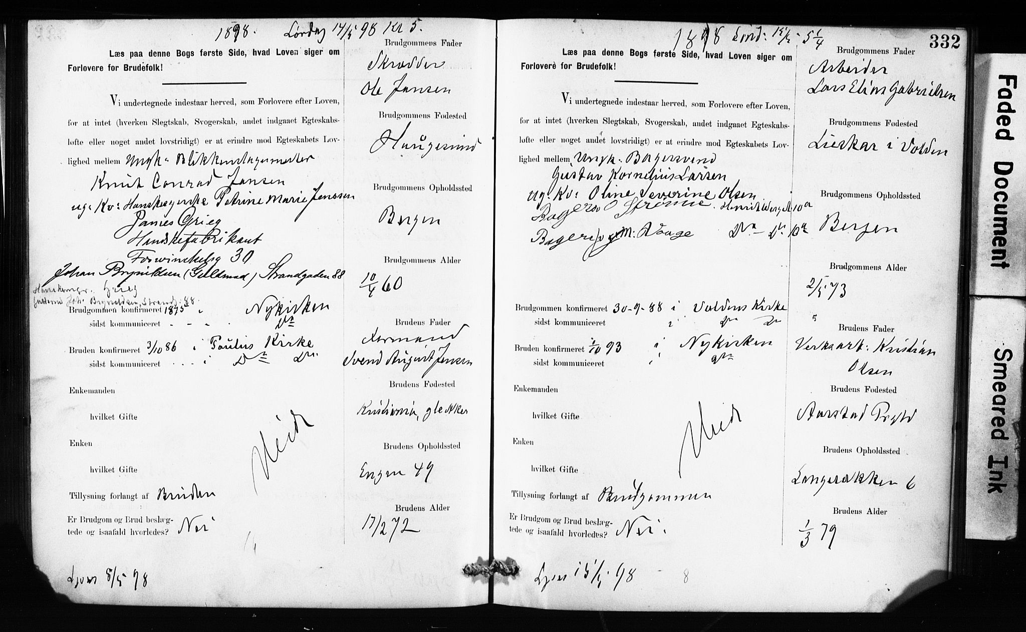 Domkirken sokneprestembete, SAB/A-74801: Forlovererklæringer nr. II.5.10, 1890-1899, s. 332