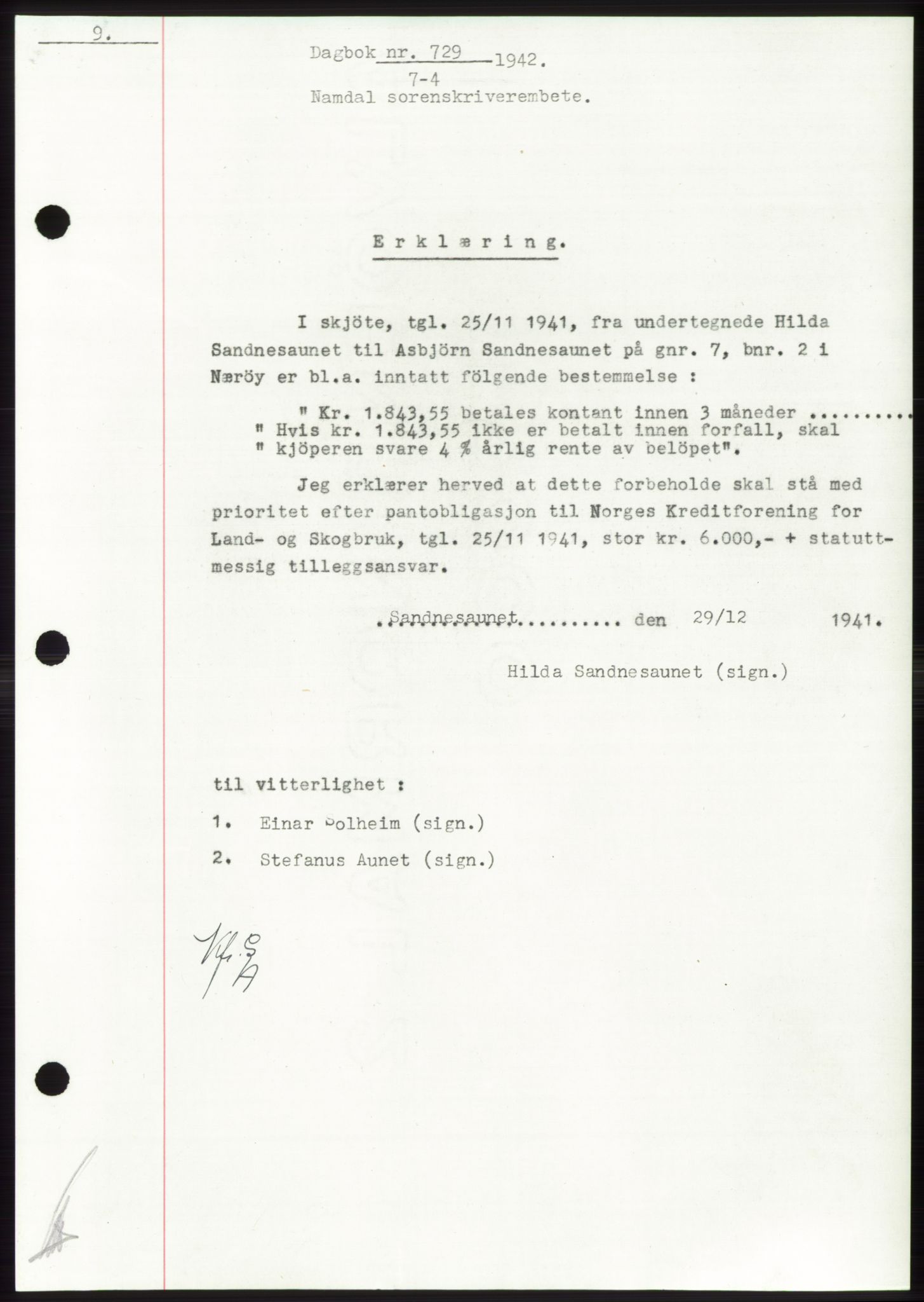 Namdal sorenskriveri, SAT/A-4133/1/2/2C: Pantebok nr. -, 1941-1942, Dagboknr: 729/1942