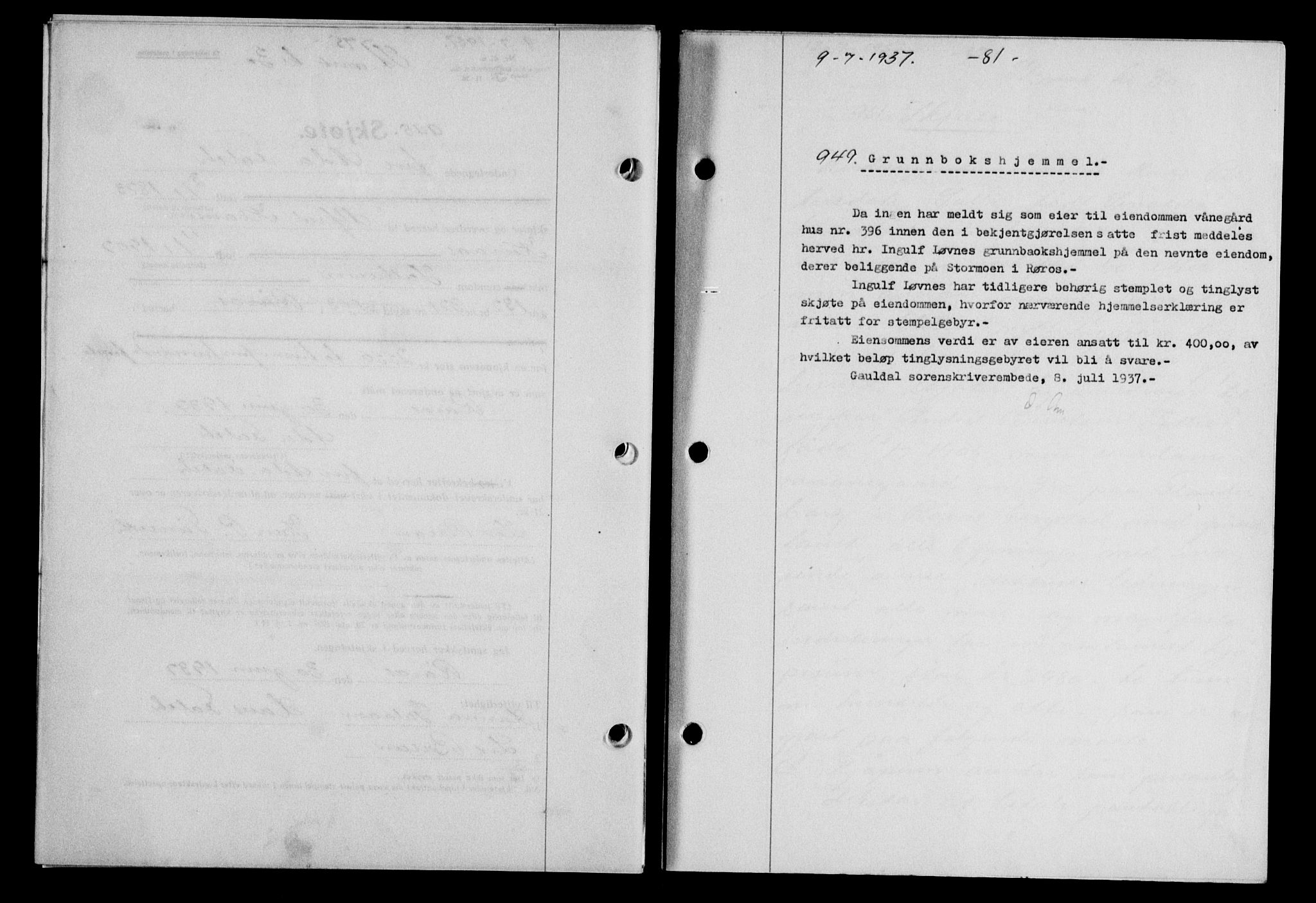 Gauldal sorenskriveri, SAT/A-0014/1/2/2C/L0047: Pantebok nr. 50-51, 1937-1937, Dagboknr: 949/1937