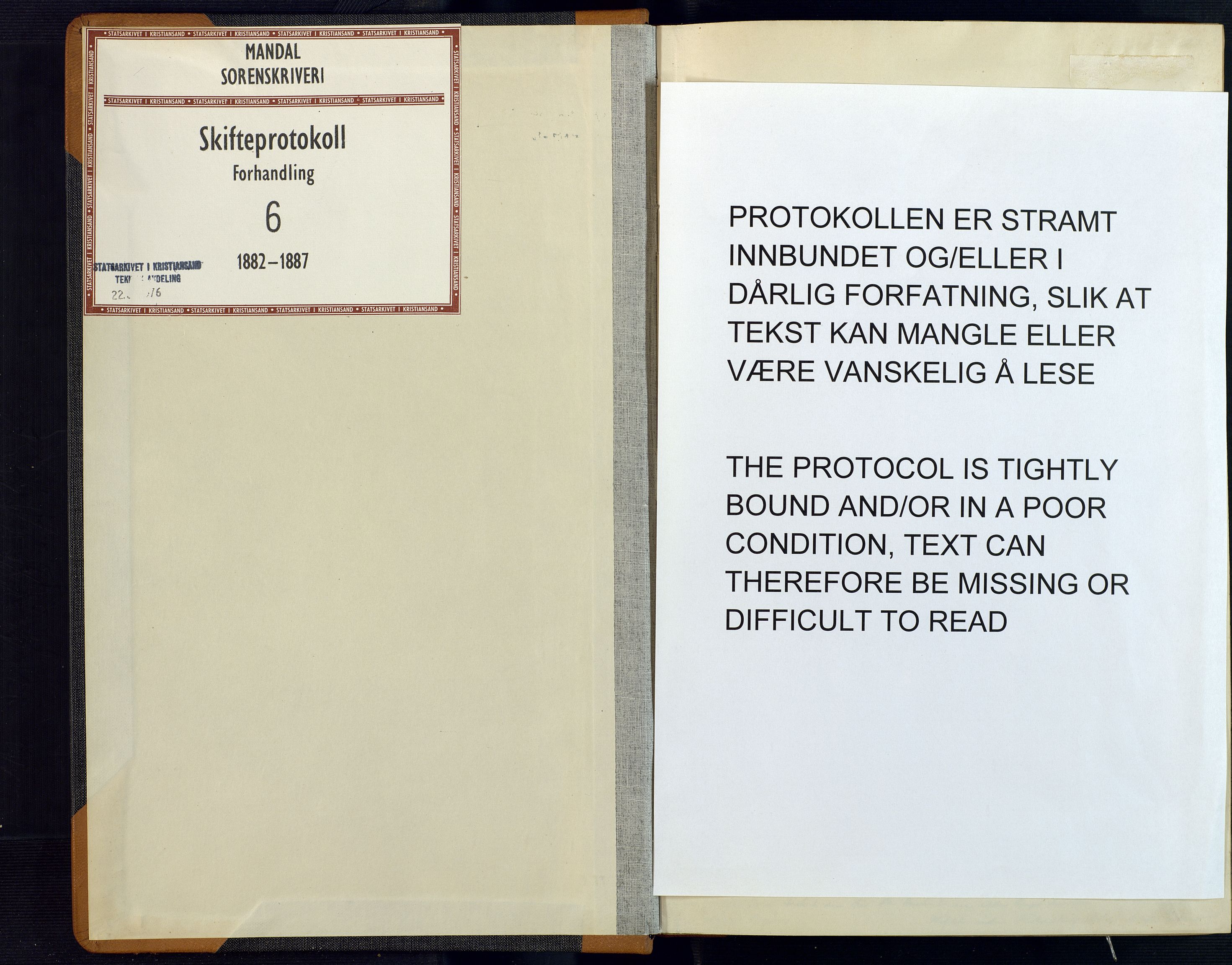 Mandal sorenskriveri, SAK/1221-0005/001/H/Hc/L0074: Skifteforhandlingsprotokoll nr 6, 1882-1887
