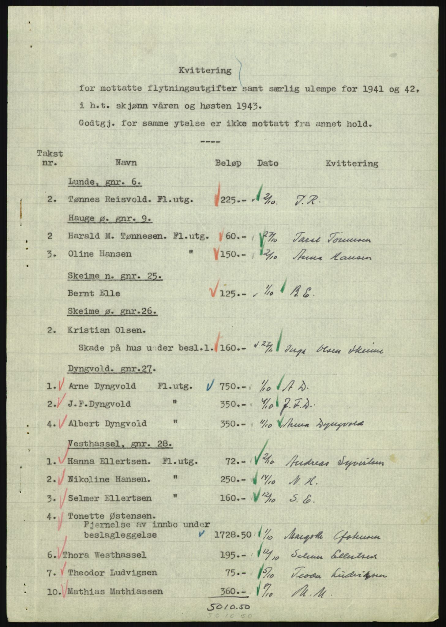 Forsvarsdepartementet, 10. kontor / Oppgjørskontoret, RA/RAFA-1225/D/Db/L0180: Lista oppgjørskontor, 1942-1952, s. 1084