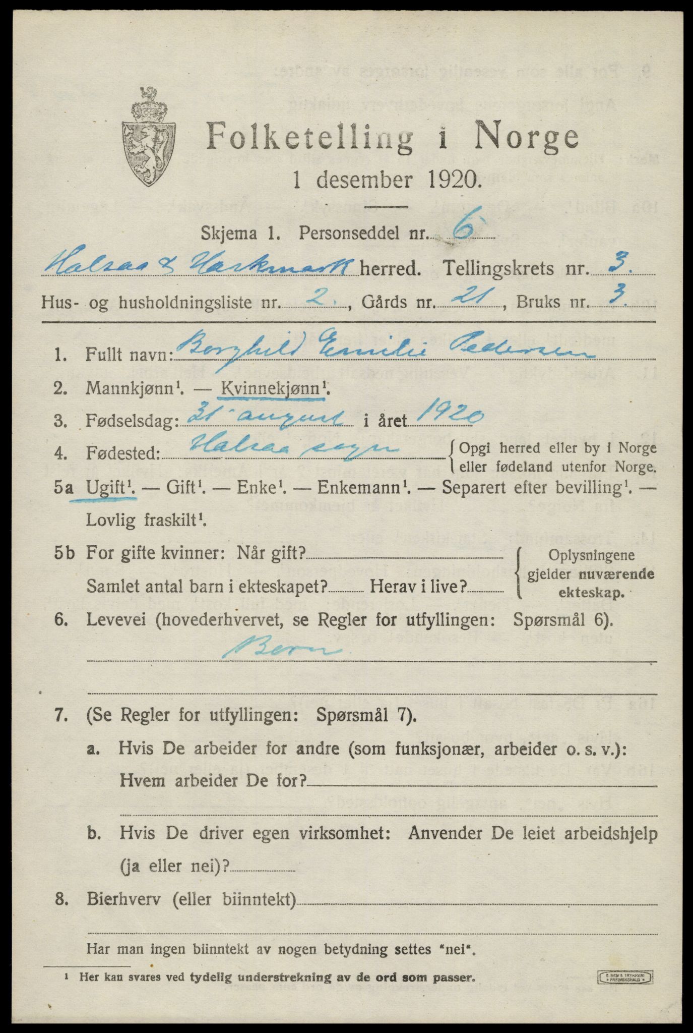 SAK, Folketelling 1920 for 1019 Halse og Harkmark herred, 1920, s. 2435