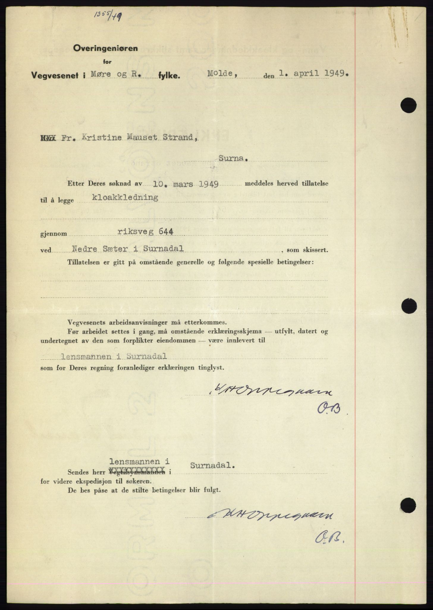 Nordmøre sorenskriveri, AV/SAT-A-4132/1/2/2Ca: Pantebok nr. B101, 1949-1949, Dagboknr: 1331/1949