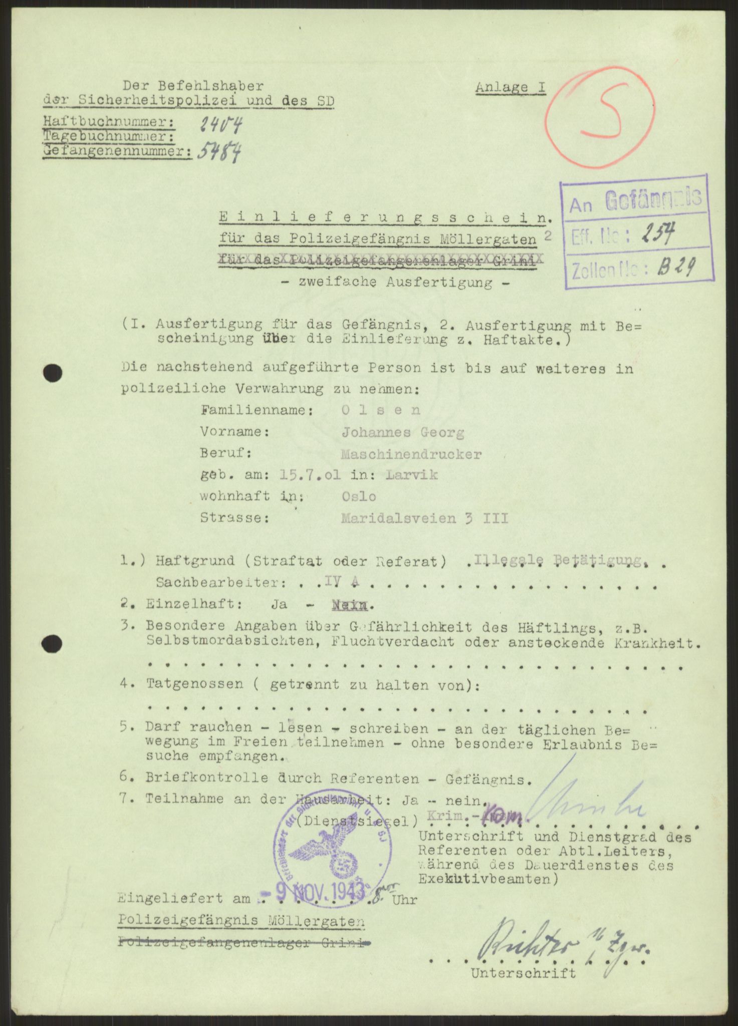 Befehlshaber der Sicherheitspolizei und des SD, AV/RA-RAFA-5969/E/Ea/Eae/L0002: Einlieferungsschein 5110-5800, 1943