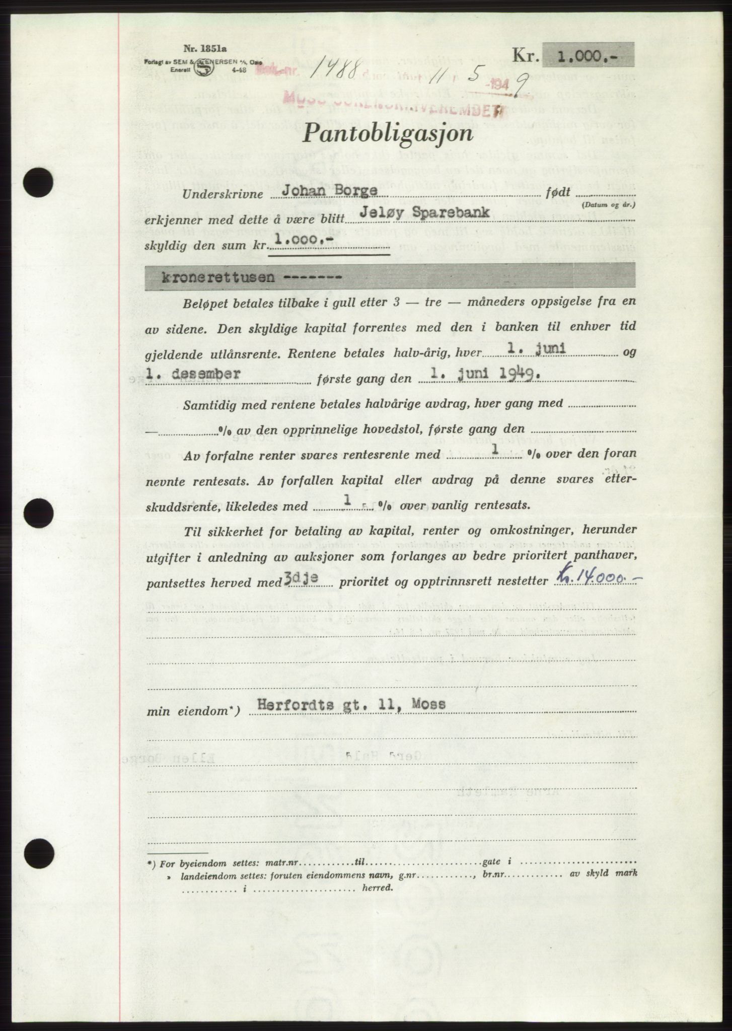 Moss sorenskriveri, SAO/A-10168: Pantebok nr. B21, 1949-1949, Dagboknr: 1488/1949