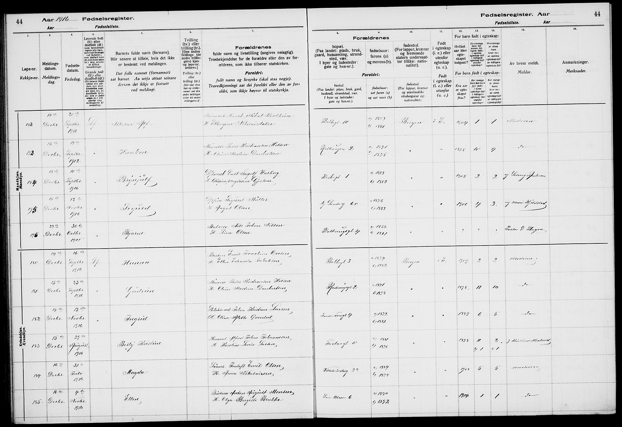 Sandviken Sokneprestembete, AV/SAB-A-77601/I/Ib/L00A1: Fødselsregister nr. A 1, 1915-1920, s. 44