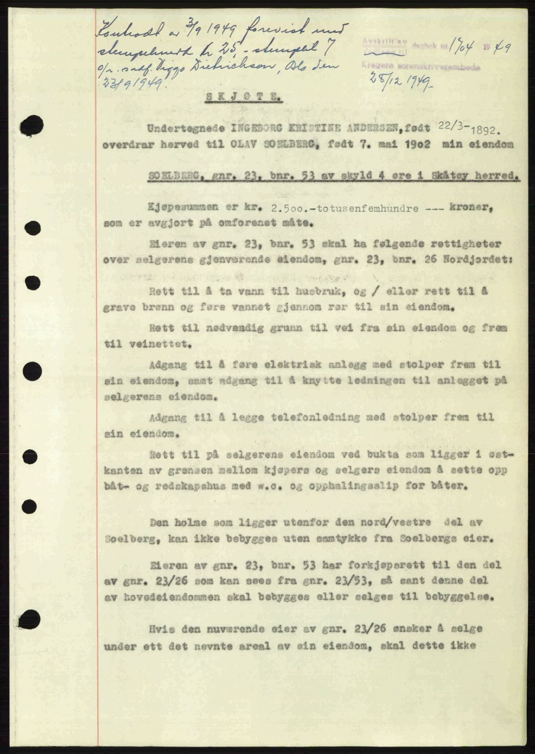 Kragerø sorenskriveri, SAKO/A-65/G/Ga/Gac/L0003: Pantebok nr. A-3, 1949-1950, Dagboknr: 1704/1949