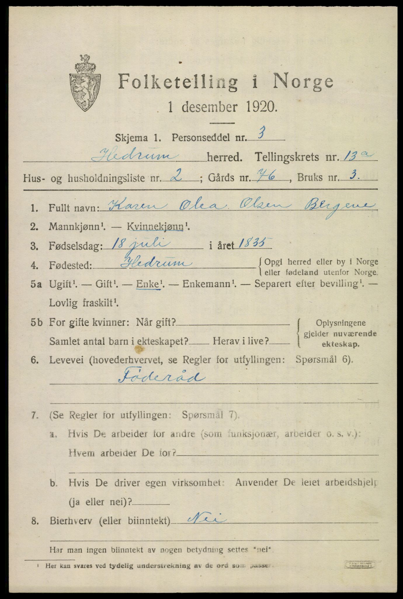 SAKO, Folketelling 1920 for 0727 Hedrum herred, 1920, s. 8607