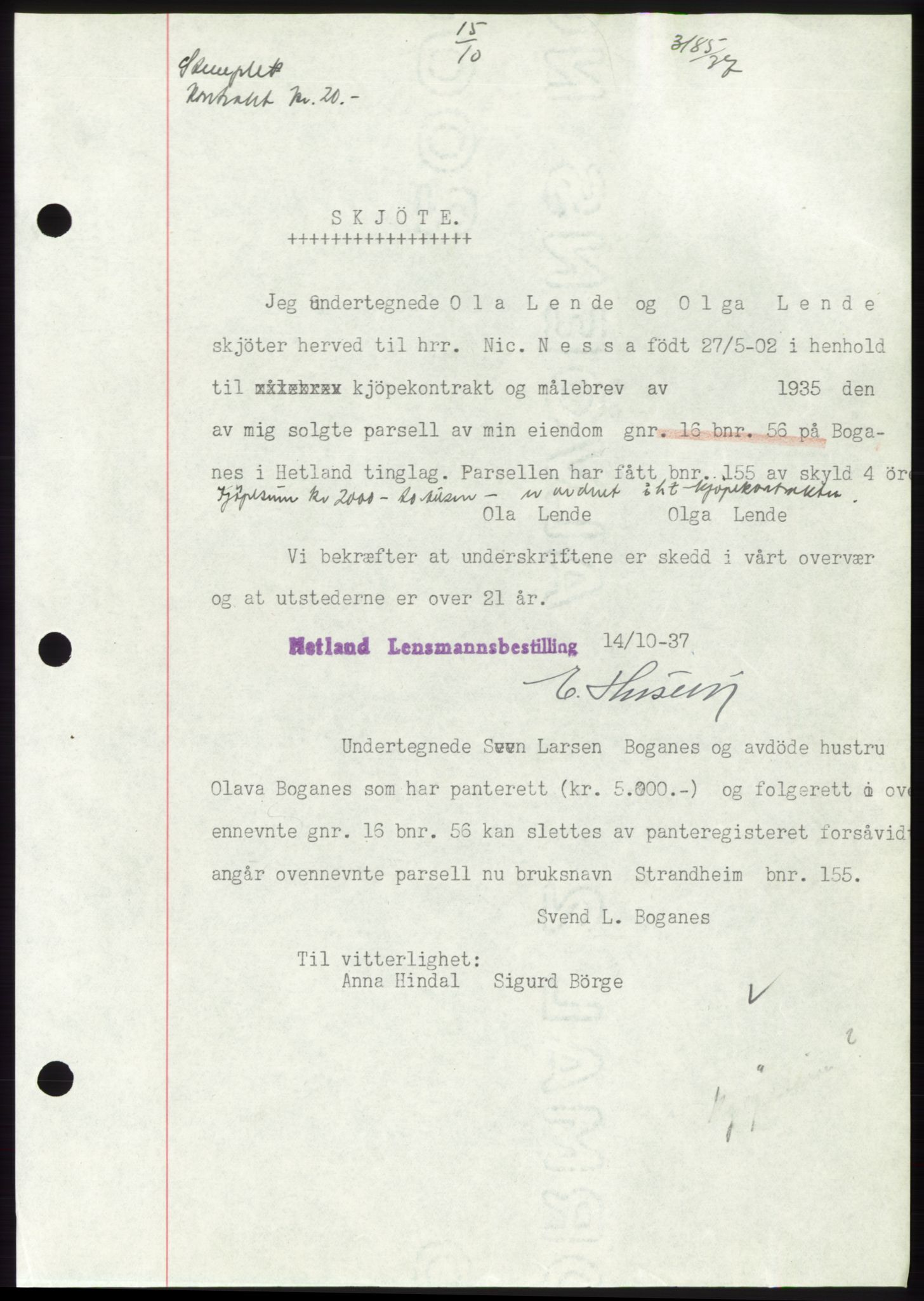 Jæren sorenskriveri, SAST/A-100310/03/G/Gba/L0069: Pantebok, 1937-1937, Dagboknr: 3185/1937