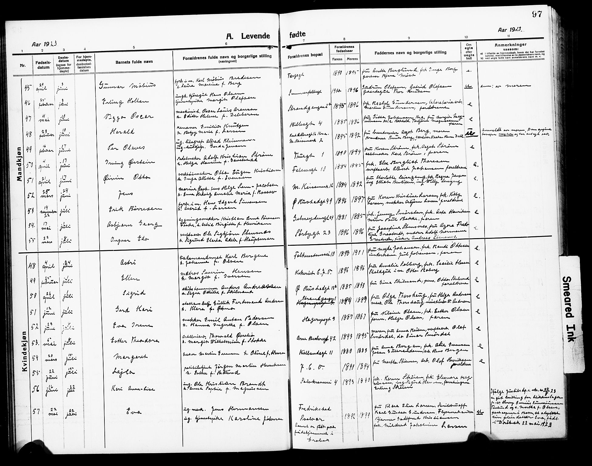 Horten kirkebøker, AV/SAKO-A-348/G/Ga/L0008: Klokkerbok nr. 8, 1916-1926, s. 97