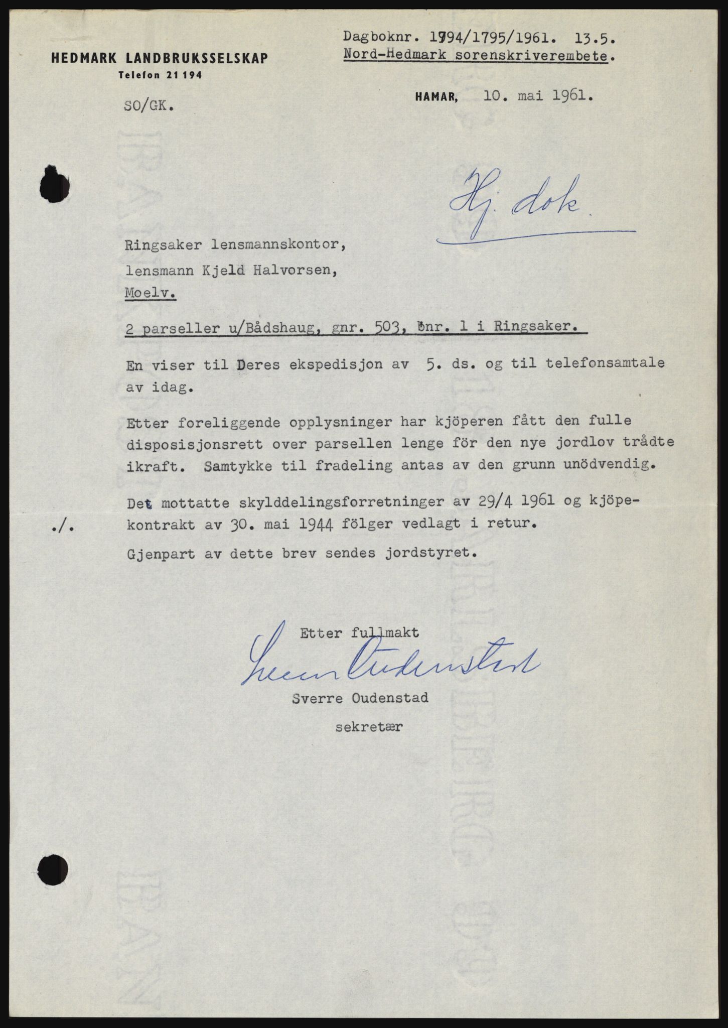 Nord-Hedmark sorenskriveri, SAH/TING-012/H/Hc/L0015: Pantebok nr. 15, 1961-1961, Dagboknr: 1794/1961