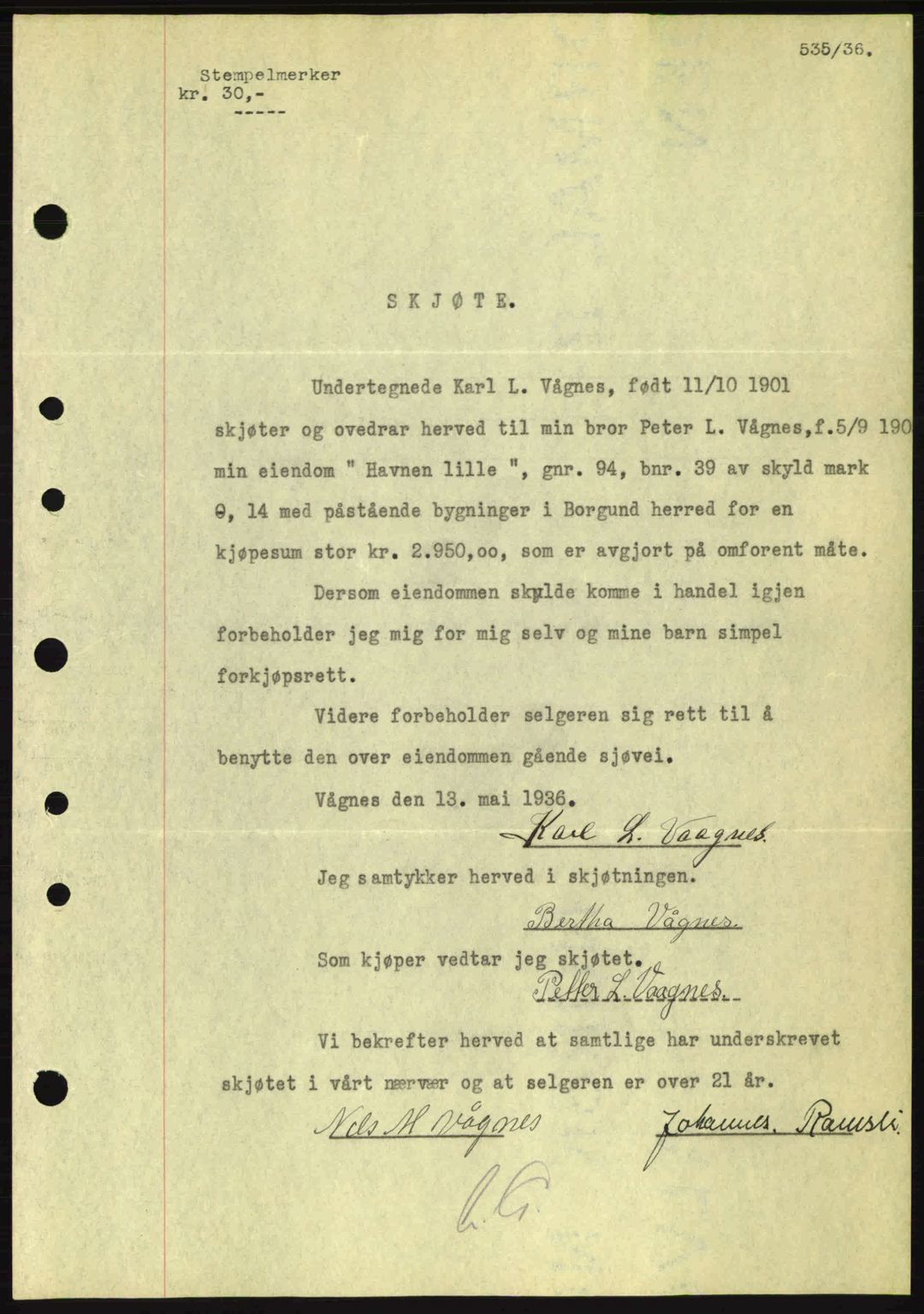 Nordre Sunnmøre sorenskriveri, AV/SAT-A-0006/1/2/2C/2Ca: Pantebok nr. A1, 1936-1936, Dagboknr: 535/1936