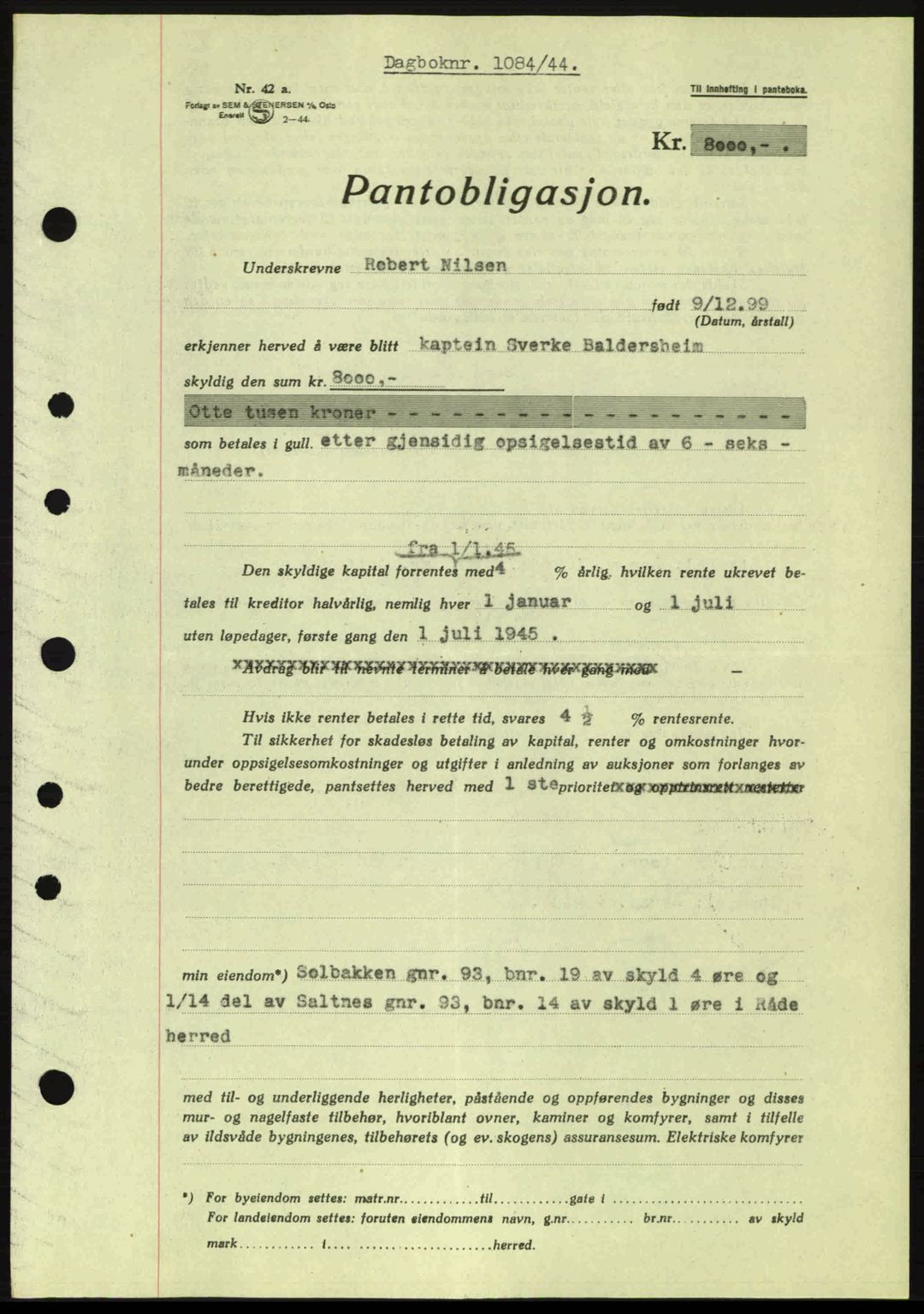 Moss sorenskriveri, SAO/A-10168: Pantebok nr. B13, 1943-1945, Dagboknr: 1084/1944