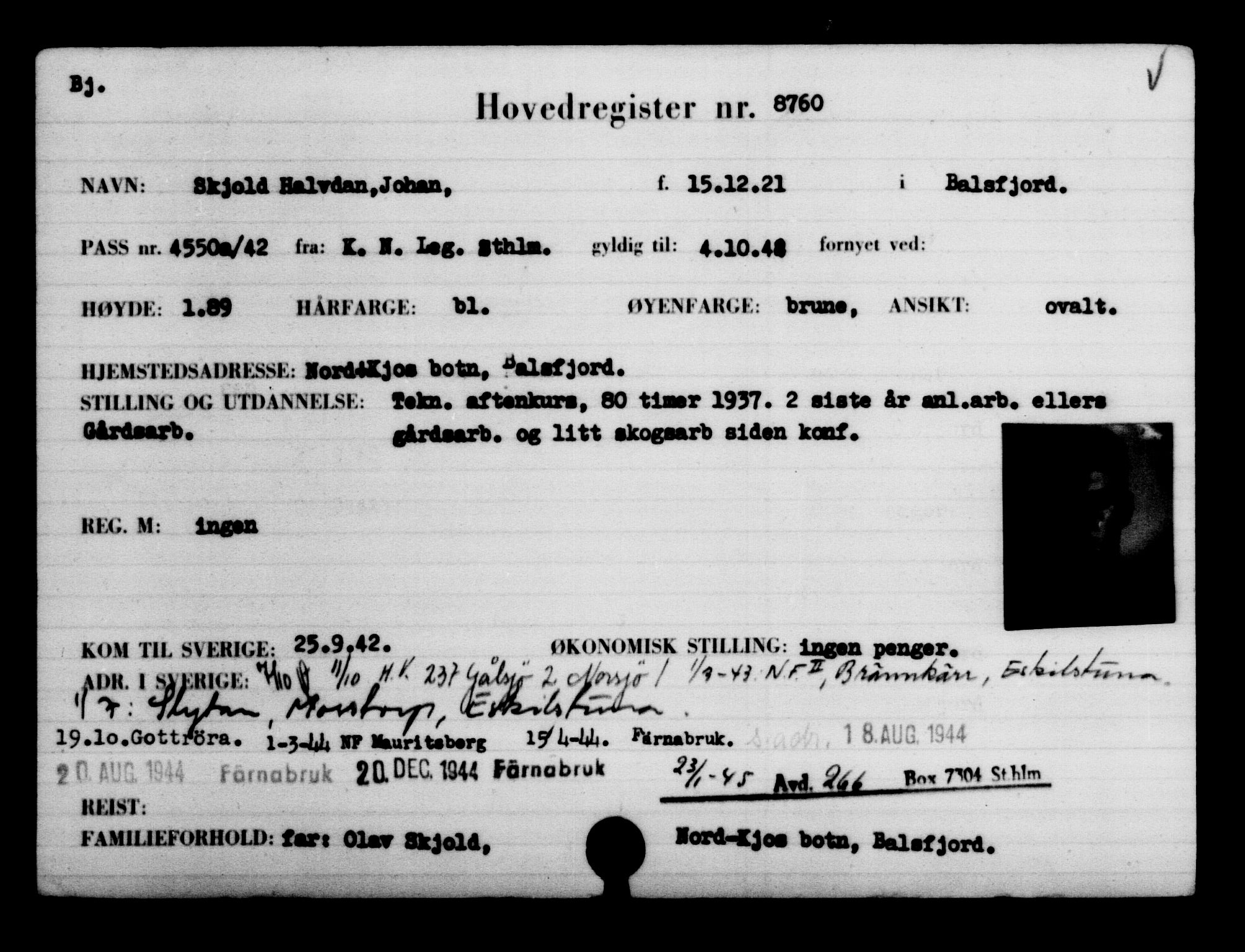 Utenriksstasjonene, Legasjonen i Stockholm, Flyktningkontoret, AV/RA-S-6753/V/Va/L0005: Kjesäterkartoteket, flyktninger med registreringsnr. 6600-9417, 1940-1945, s. 2528