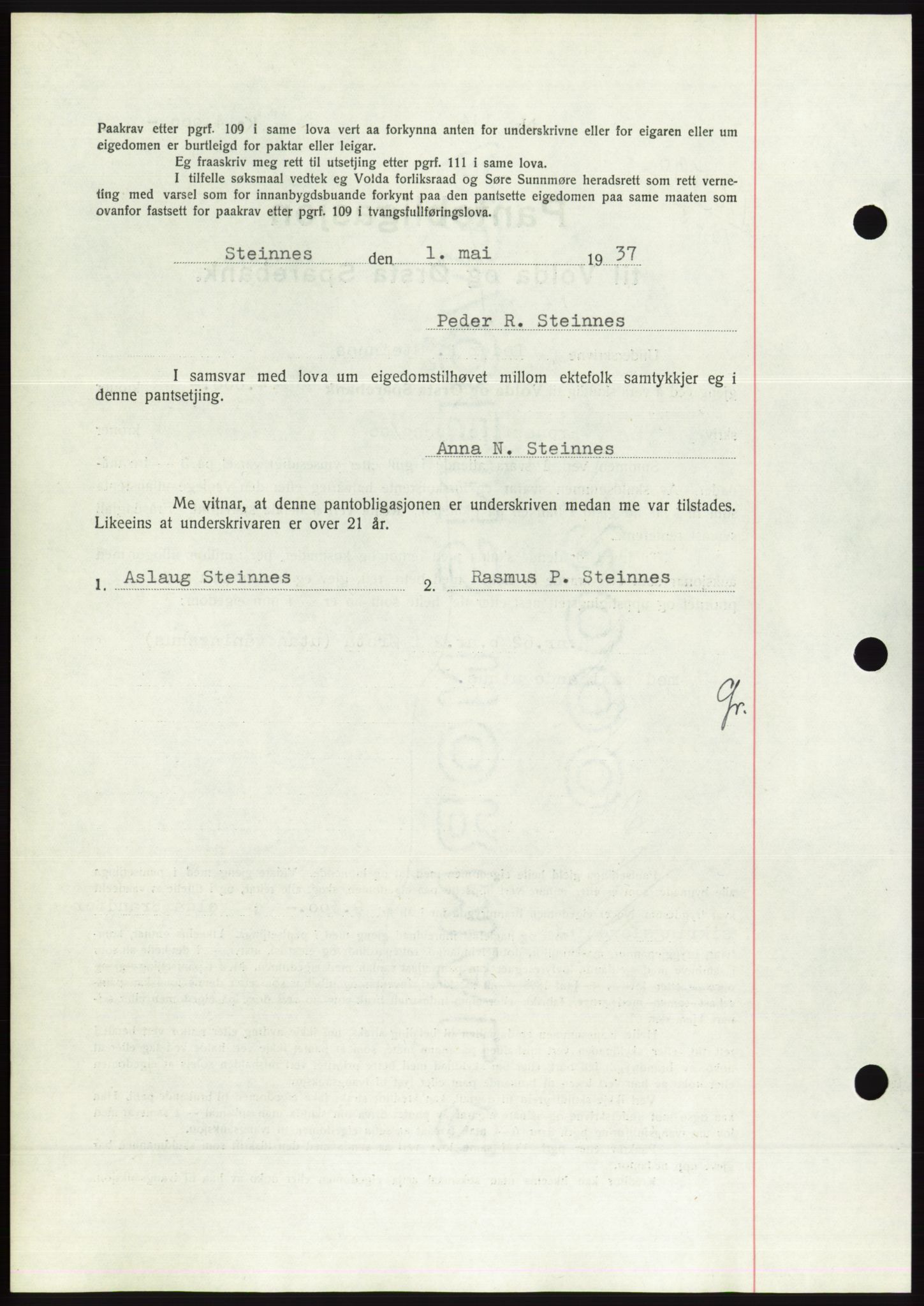 Søre Sunnmøre sorenskriveri, AV/SAT-A-4122/1/2/2C/L0063: Pantebok nr. 57, 1937-1937, Dagboknr: 790/1937