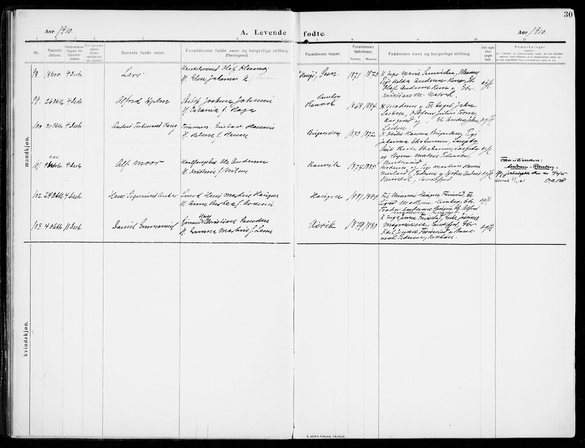 Sandar kirkebøker, AV/SAKO-A-243/F/Fa/L0016: Ministerialbok nr. 16, 1909-1919, s. 30