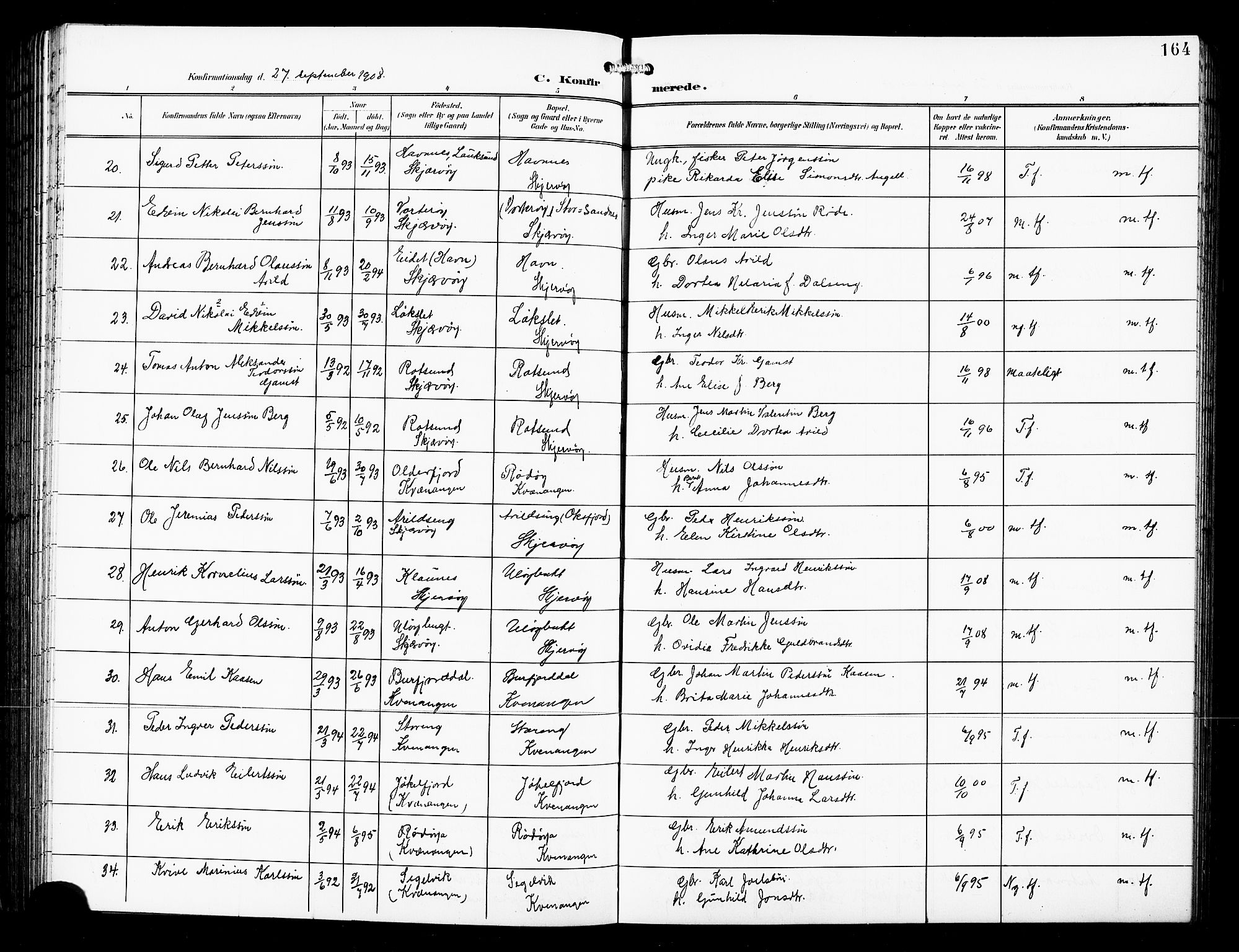 Skjervøy sokneprestkontor, AV/SATØ-S-1300/H/Ha/Hab/L0008klokker: Klokkerbok nr. 8, 1900-1910, s. 164