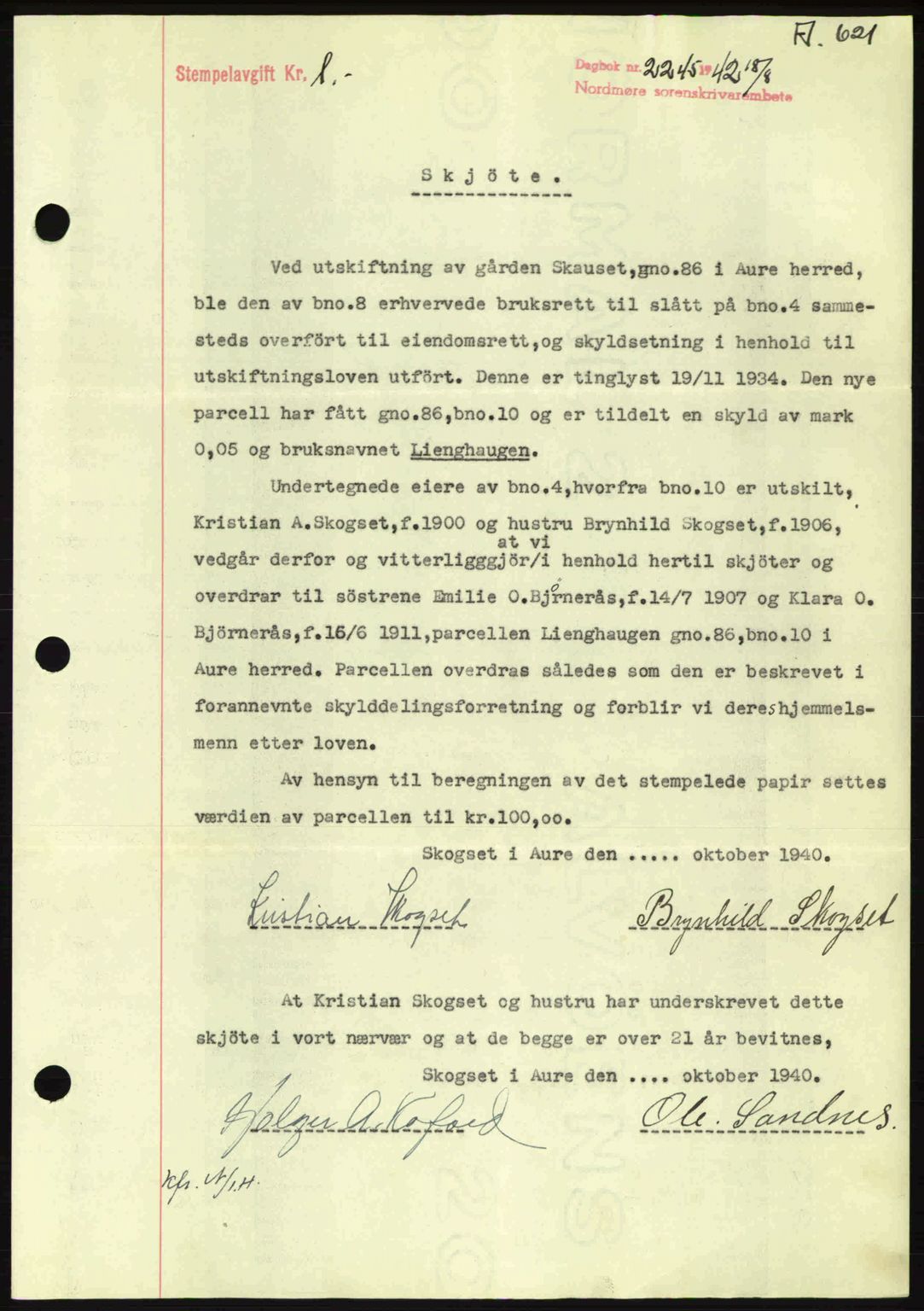 Nordmøre sorenskriveri, SAT/A-4132/1/2/2Ca: Pantebok nr. A93, 1942-1942, Dagboknr: 2245/1942