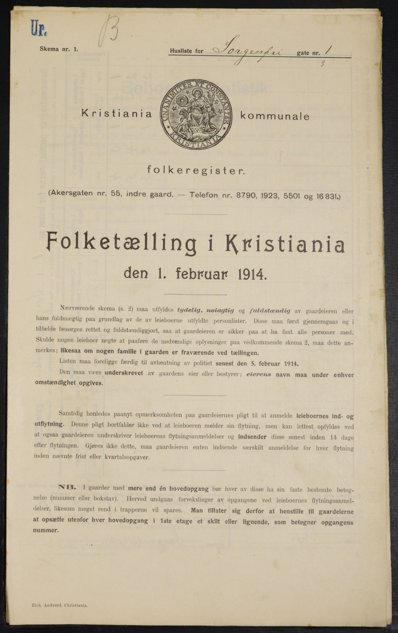 OBA, Kommunal folketelling 1.2.1914 for Kristiania, 1914, s. 99611