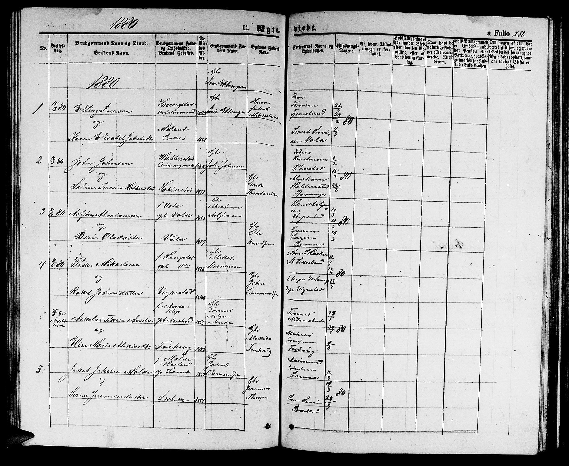 Hå sokneprestkontor, AV/SAST-A-101801/001/30BB/L0002: Klokkerbok nr. B 2, 1854-1883, s. 288