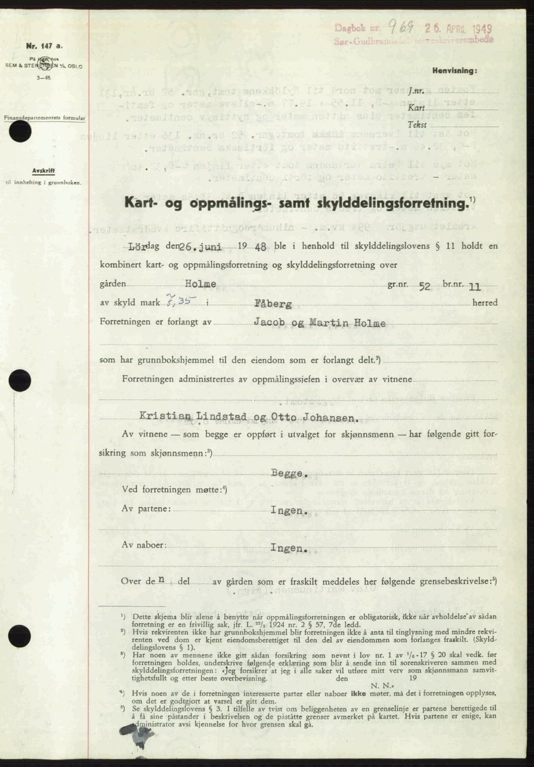 Sør-Gudbrandsdal tingrett, SAH/TING-004/H/Hb/Hbd/L0024: Pantebok nr. A24, 1948-1949, Dagboknr: 969/1949