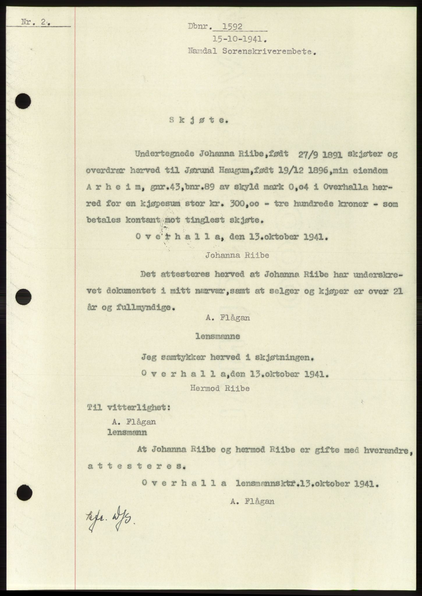 Namdal sorenskriveri, SAT/A-4133/1/2/2C: Pantebok nr. -, 1941-1942, Dagboknr: 1592/1941