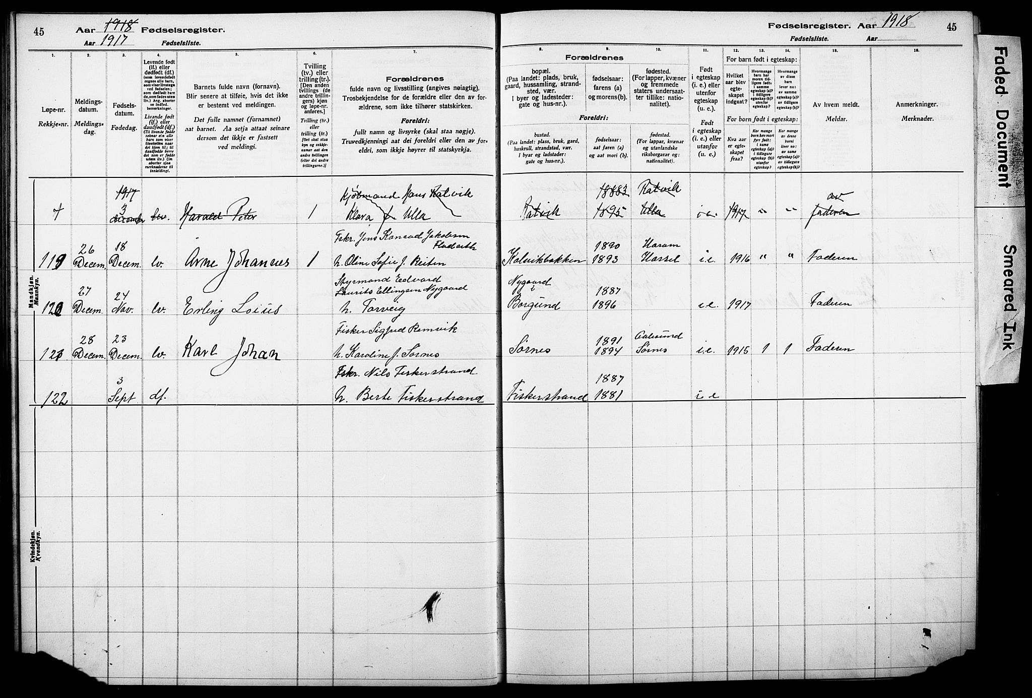 Ministerialprotokoller, klokkerbøker og fødselsregistre - Møre og Romsdal, SAT/A-1454/528/L0442: Fødselsregister nr. 528.II.4.1, 1916-1924, s. 45