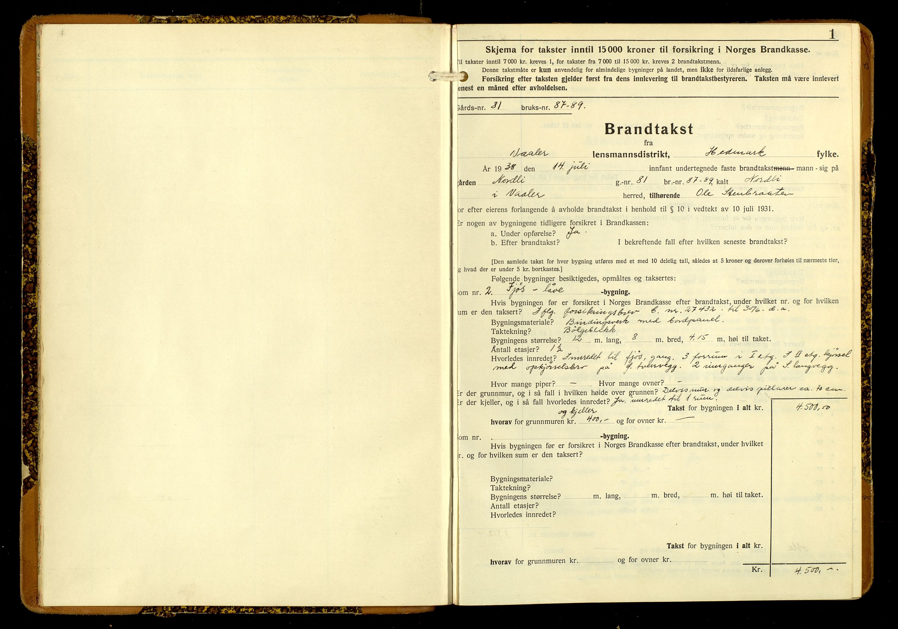 Norges Brannkasse, Våler, Hedmark, AV/SAH-NBRANV-019/F/L0027: Branntakstprotokoll, 1938-1939