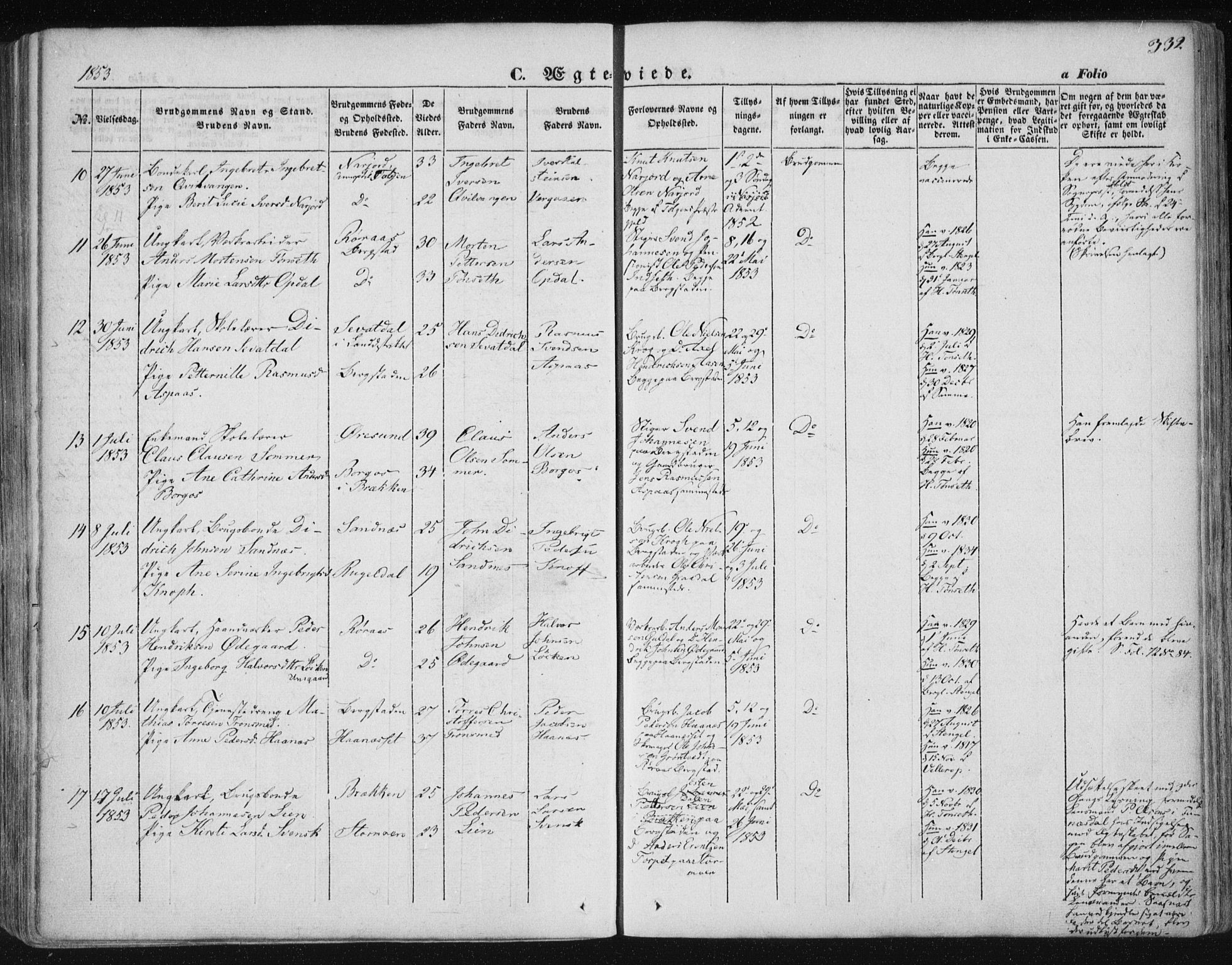 Ministerialprotokoller, klokkerbøker og fødselsregistre - Sør-Trøndelag, SAT/A-1456/681/L0931: Ministerialbok nr. 681A09, 1845-1859, s. 332