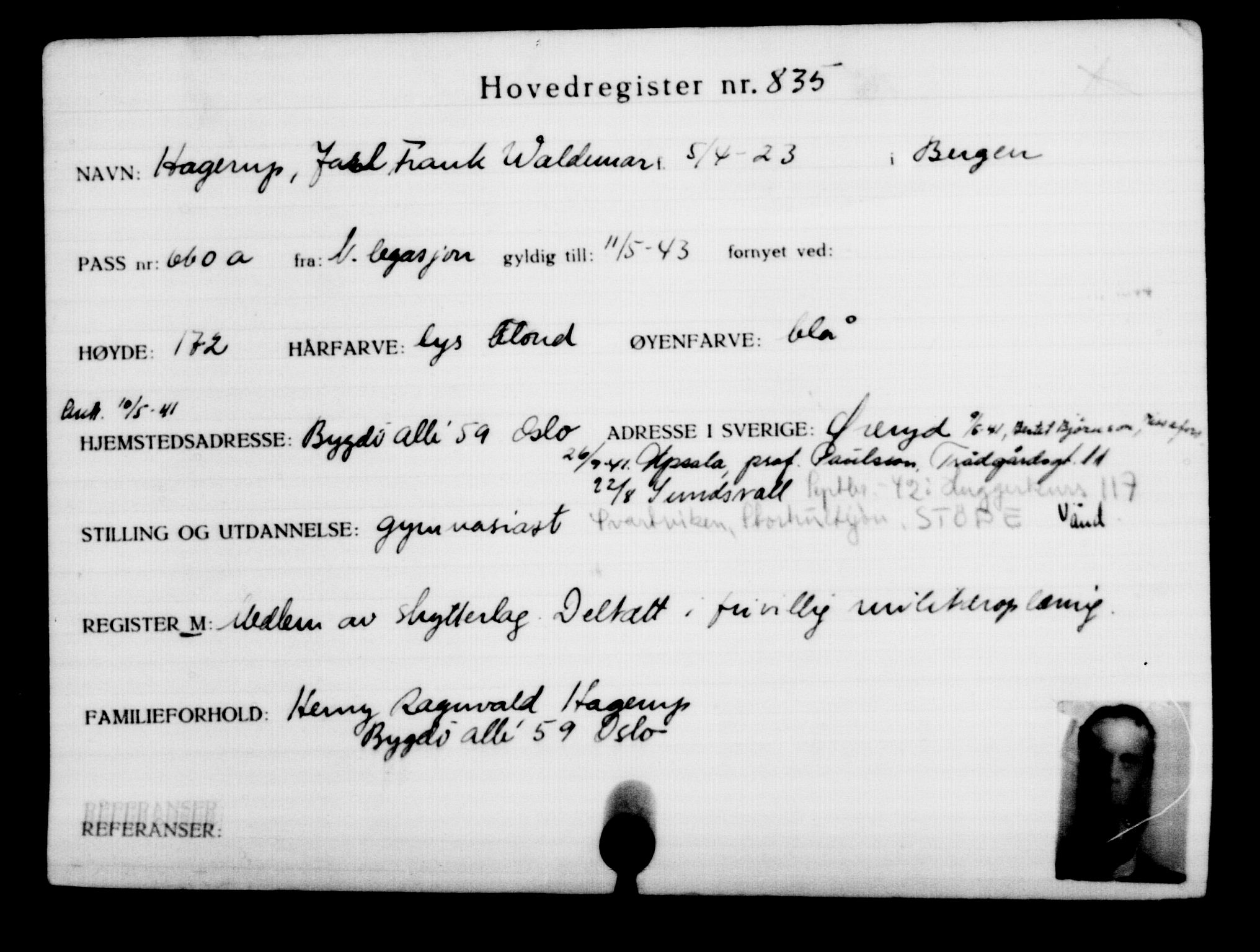 Utenriksstasjonene, Legasjonen i Stockholm, Flyktningkontoret, AV/RA-S-6753/V/Va/L0001: Kjesäterkartoteket, flyktninger med registreringsnr. 1-1000, 1940-1945, s. 1326