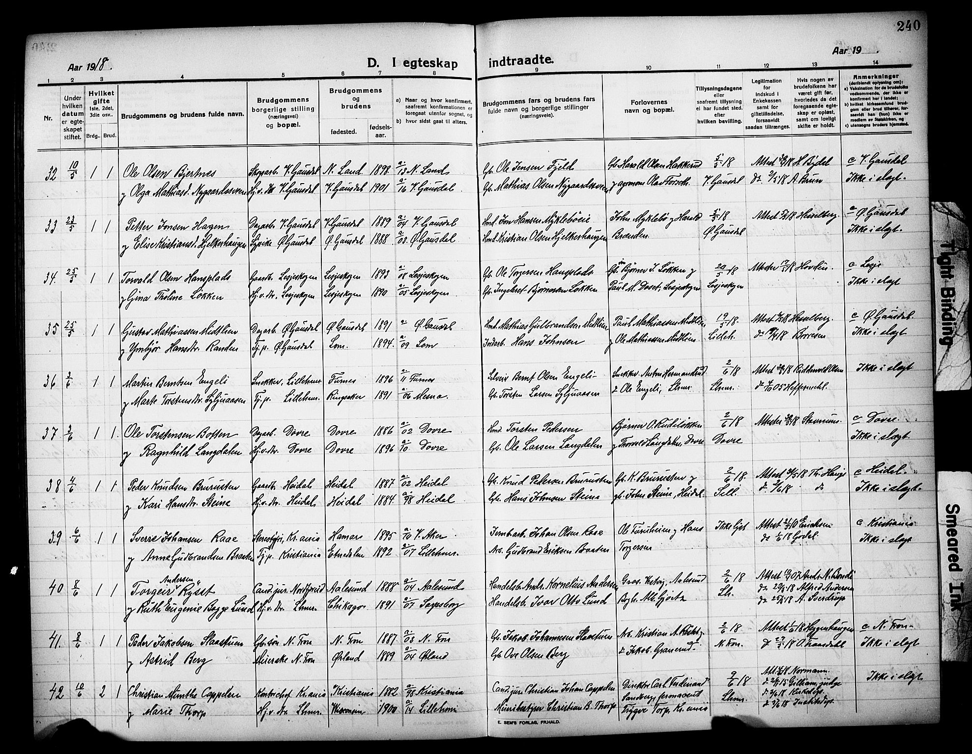 Lillehammer prestekontor, AV/SAH-PREST-088/H/Ha/Hab/L0002: Klokkerbok nr. 2, 1913-1929, s. 240