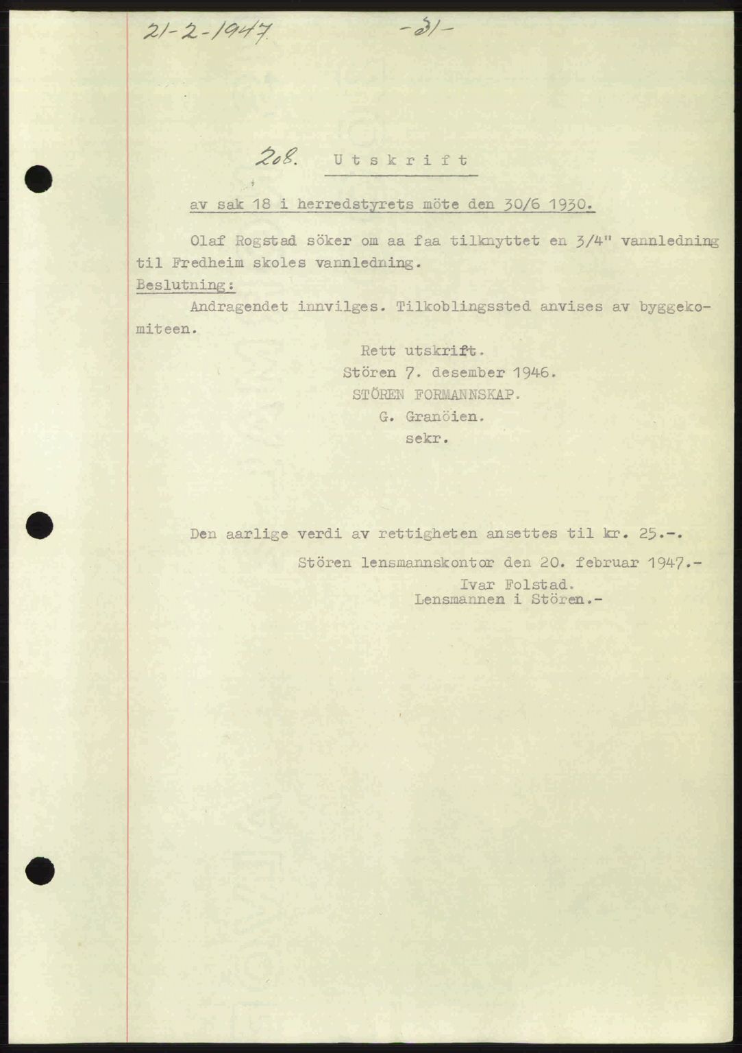 Gauldal sorenskriveri, SAT/A-0014/1/2/2C: Pantebok nr. A3, 1947-1947, Dagboknr: 208/1947