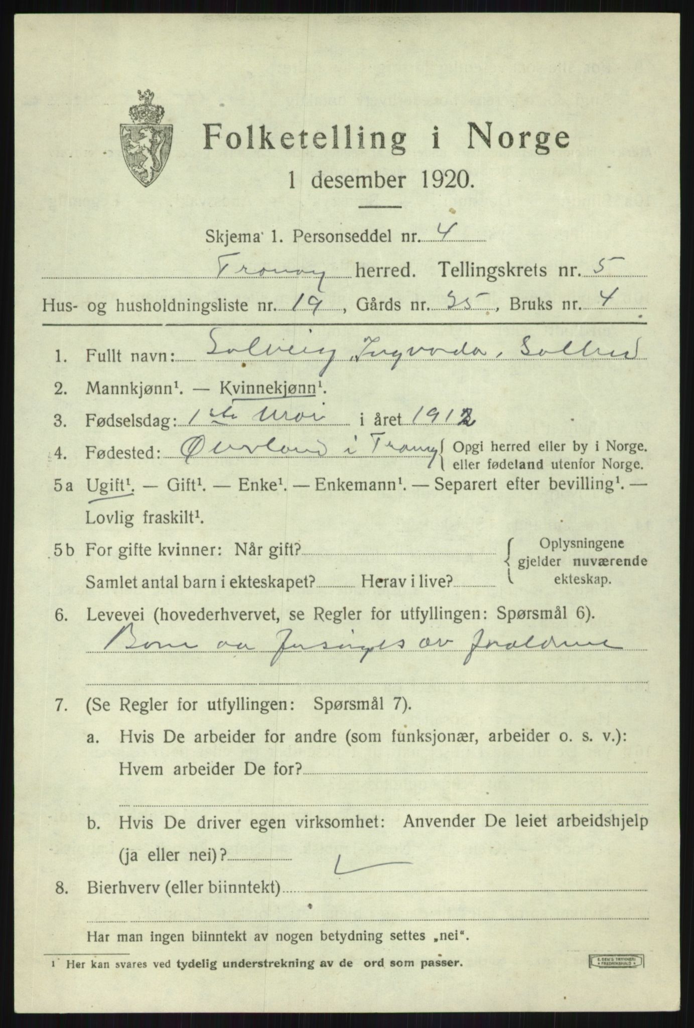 SATØ, Folketelling 1920 for 1927 Tranøy herred, 1920, s. 2597