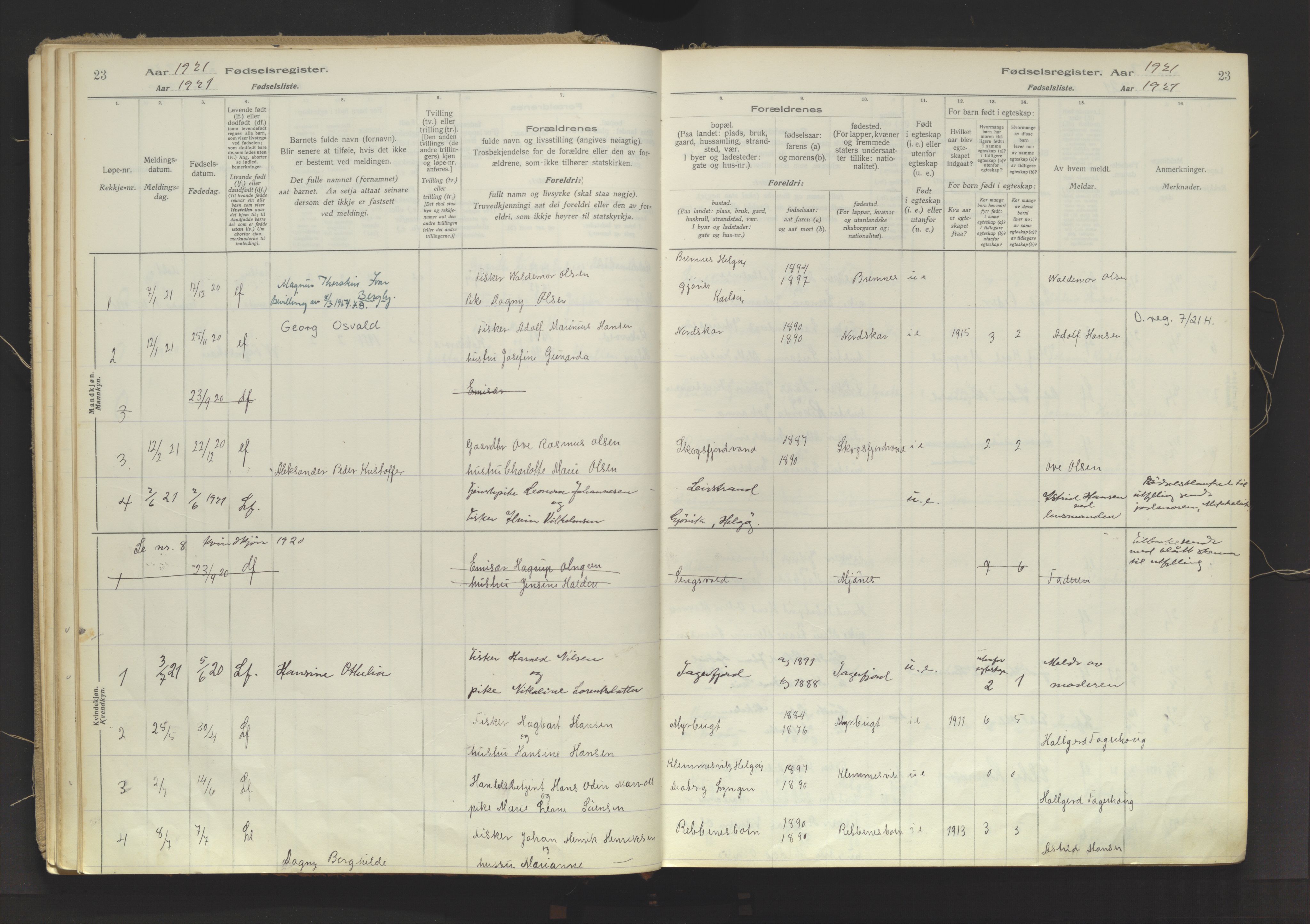 Karlsøy sokneprestembete, AV/SATØ-S-1299/I/Ic/L0067: Fødselsregister nr. 67, 1916-1958, s. 23