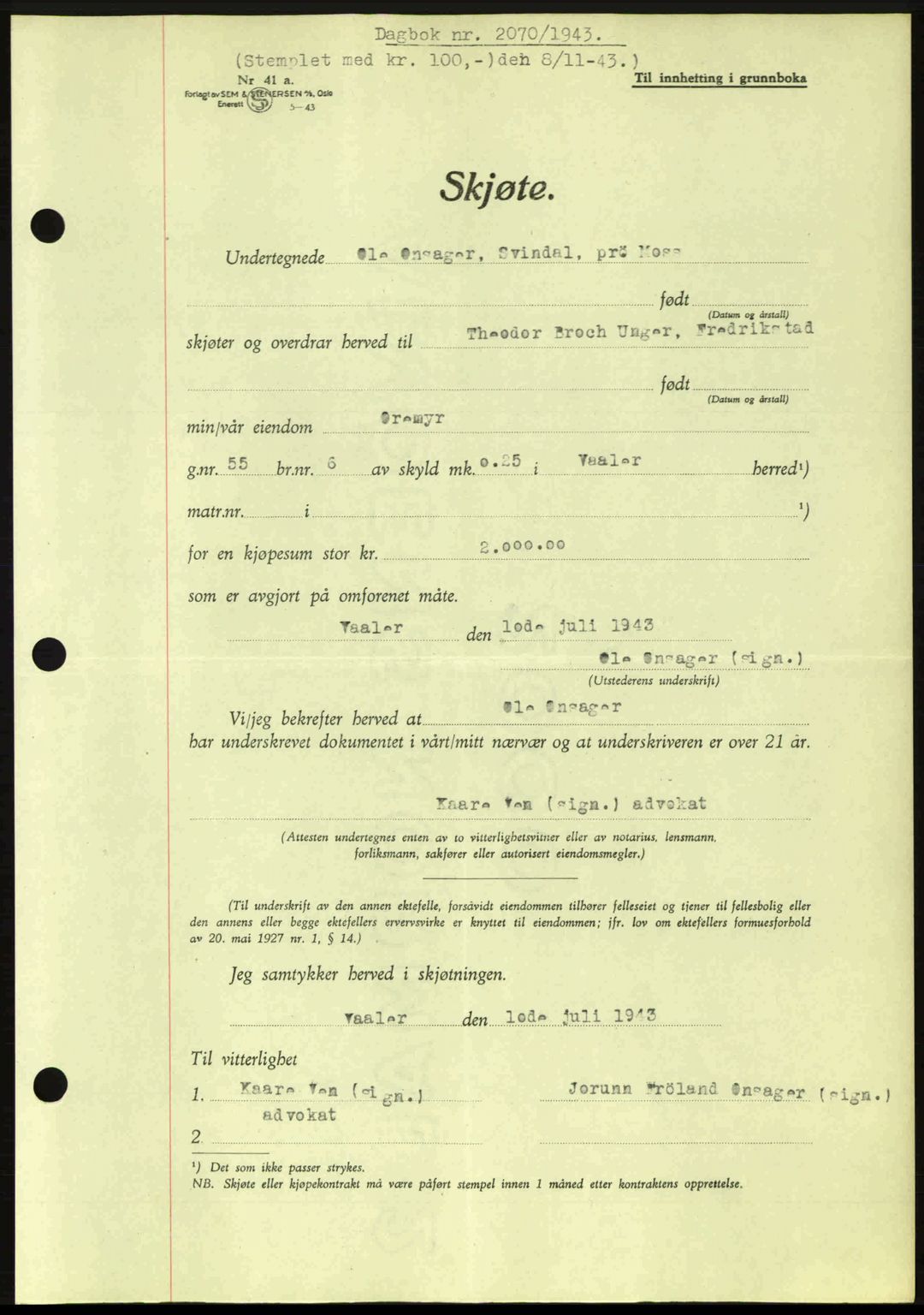 Moss sorenskriveri, SAO/A-10168: Pantebok nr. A12, 1943-1944, Dagboknr: 2070/1943