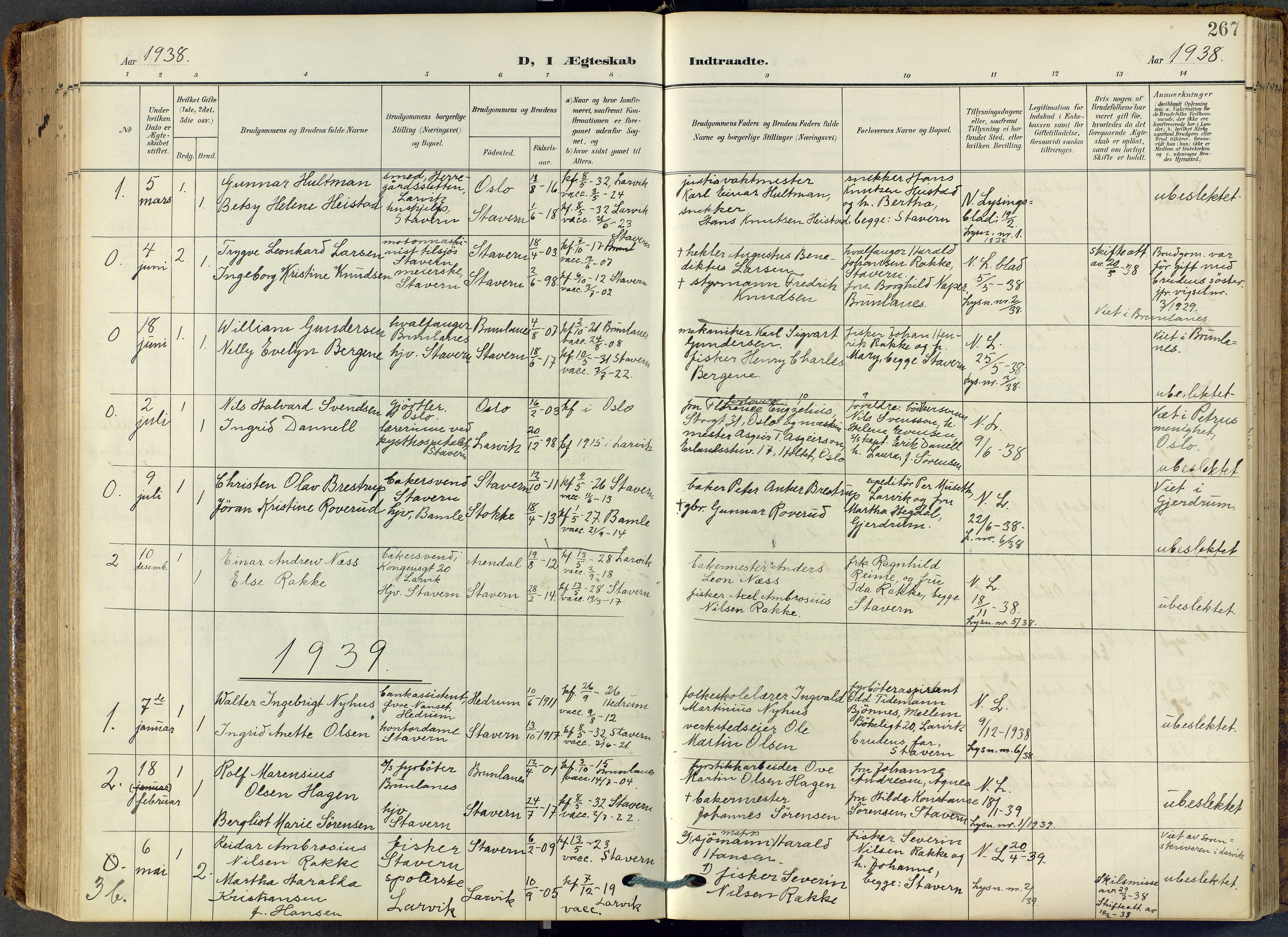 Stavern kirkebøker, AV/SAKO-A-318/F/Fa/L0009: Ministerialbok nr. 9, 1906-1955, s. 267