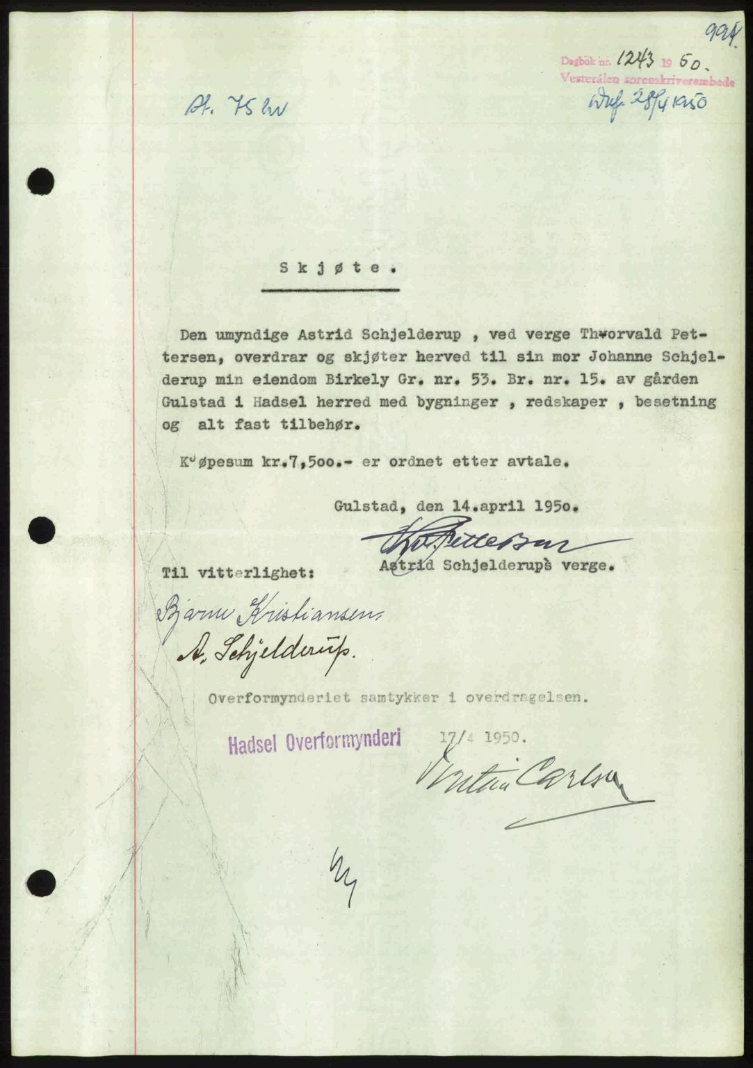 Vesterålen sorenskriveri, AV/SAT-A-4180/1/2/2Ca: Pantebok nr. A27, 1949-1950, Dagboknr: 1243/1950