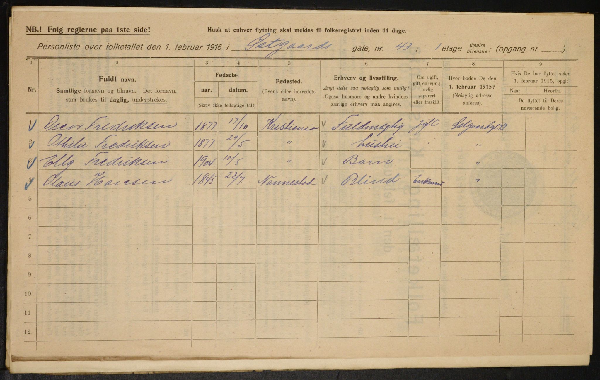 OBA, Kommunal folketelling 1.2.1916 for Kristiania, 1916, s. 133080