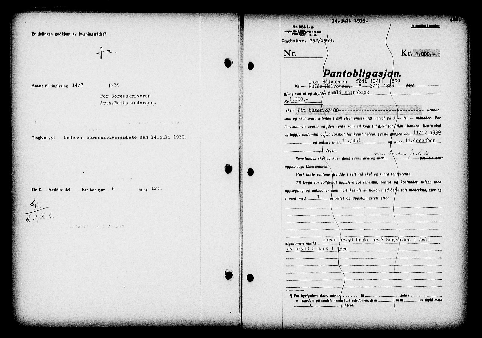 Nedenes sorenskriveri, SAK/1221-0006/G/Gb/Gba/L0046: Pantebok nr. 42, 1938-1939, Dagboknr: 732/1939